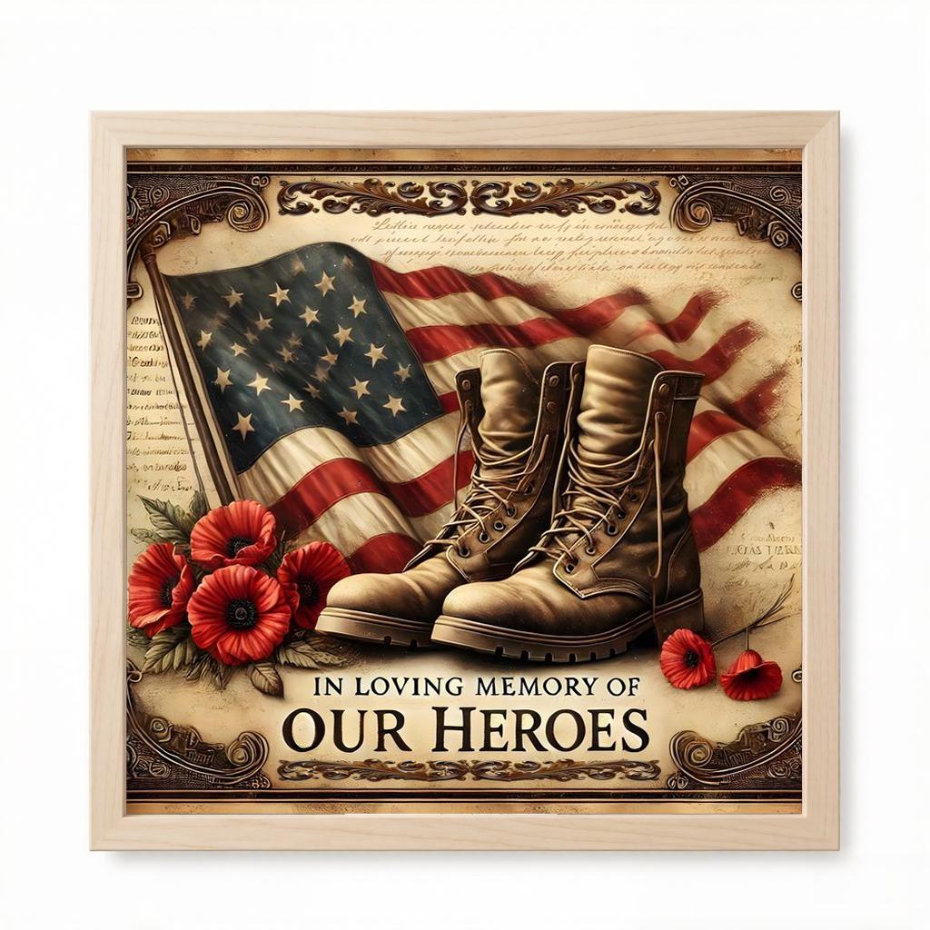 A set of 2D flat frameless handmade DIY diamond painting kit, vintage patriotic memorial style, featuring American flag, military boots and red poppy flowers pattern, suitable for home decoration or gifting to honor heroes.