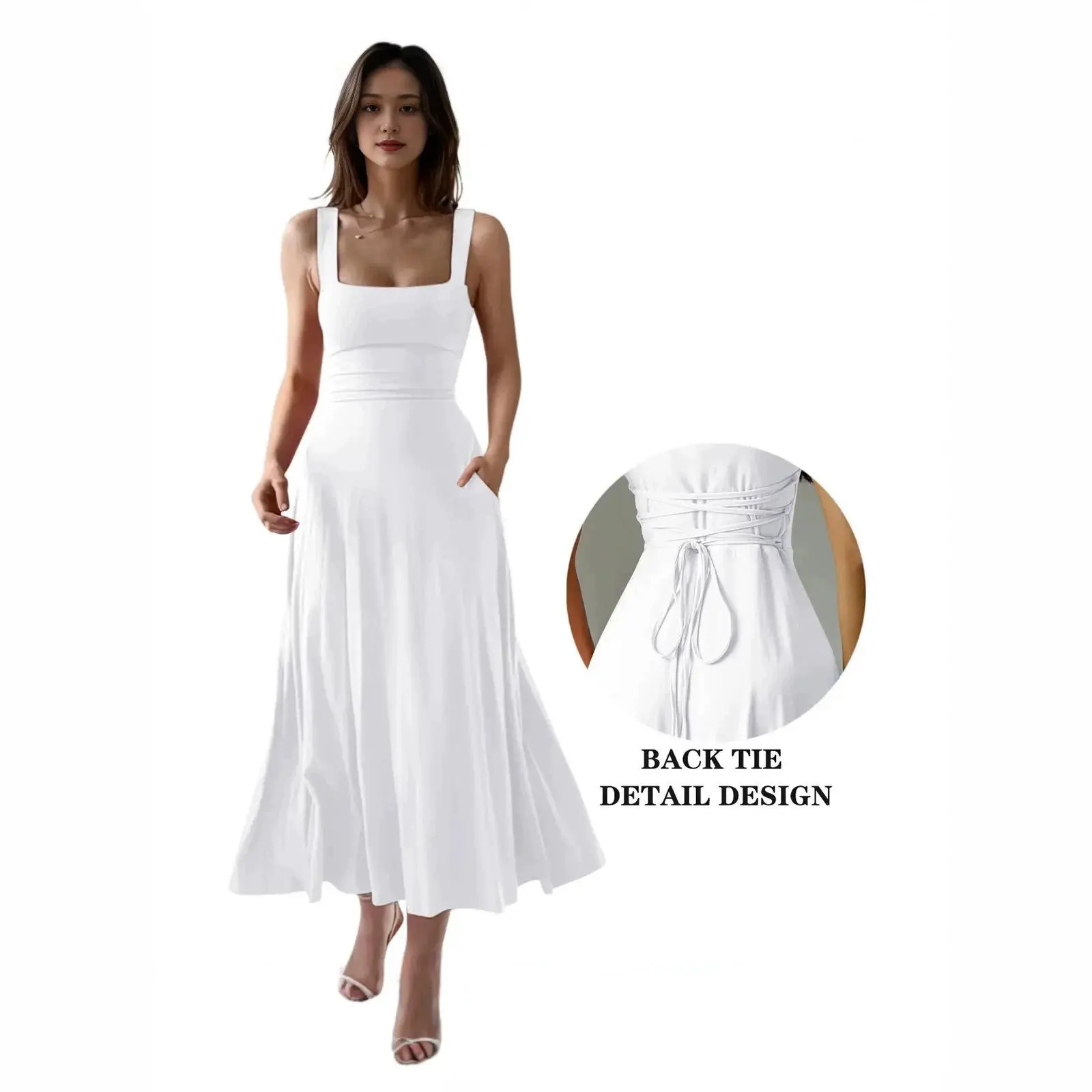 Women’s Square Neck Maxi Dress, Sleeveless Wide Strap A-Line Dress with Back Tie Waist, Fitted Bodice Flowy Vacation Sundress Elegant Summer Resort Dress