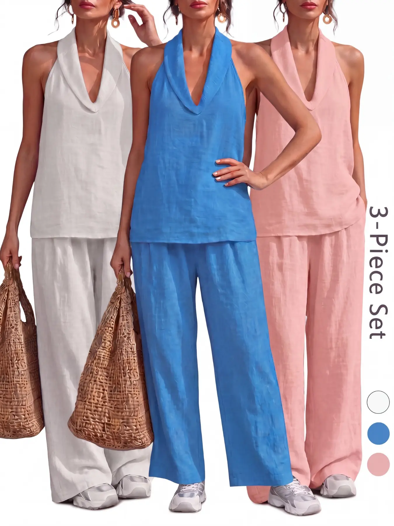2026 Women's 3 Piece Vacation Set, Halter Neck Top & Wide Leg Pants, Elegant Summer Resort Wear, Casual Travel