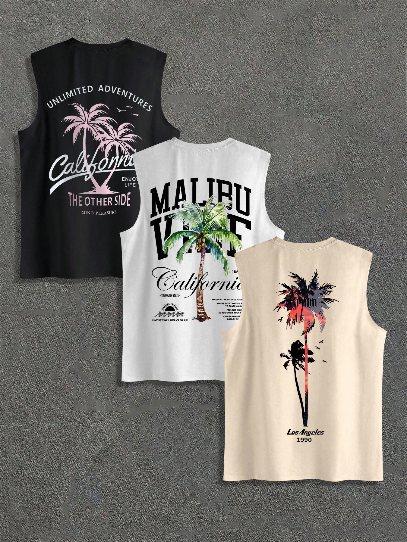 Men's Palm Tree Print Tank Top, Regular Fit Casual Sleeveless Round Neck Top for Summer, Men's Top for Outdoor Activities, Menswear, Graphic Tees, Athletic Tank Tops, Sleeveless Basic Tanks, Workout Tank Tops, Beach Tank