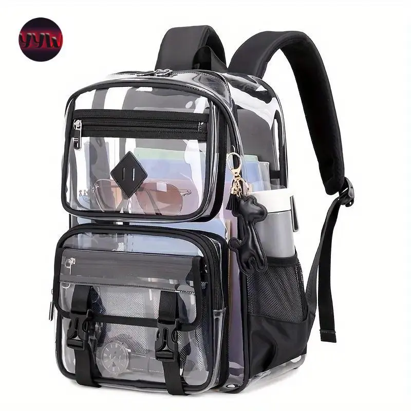 YYW1 Transparent Backpack Casual Large Capacity Multi-Pocket Clear Bag Women's Shoulder Bag PVC Transparent Student Office Bag