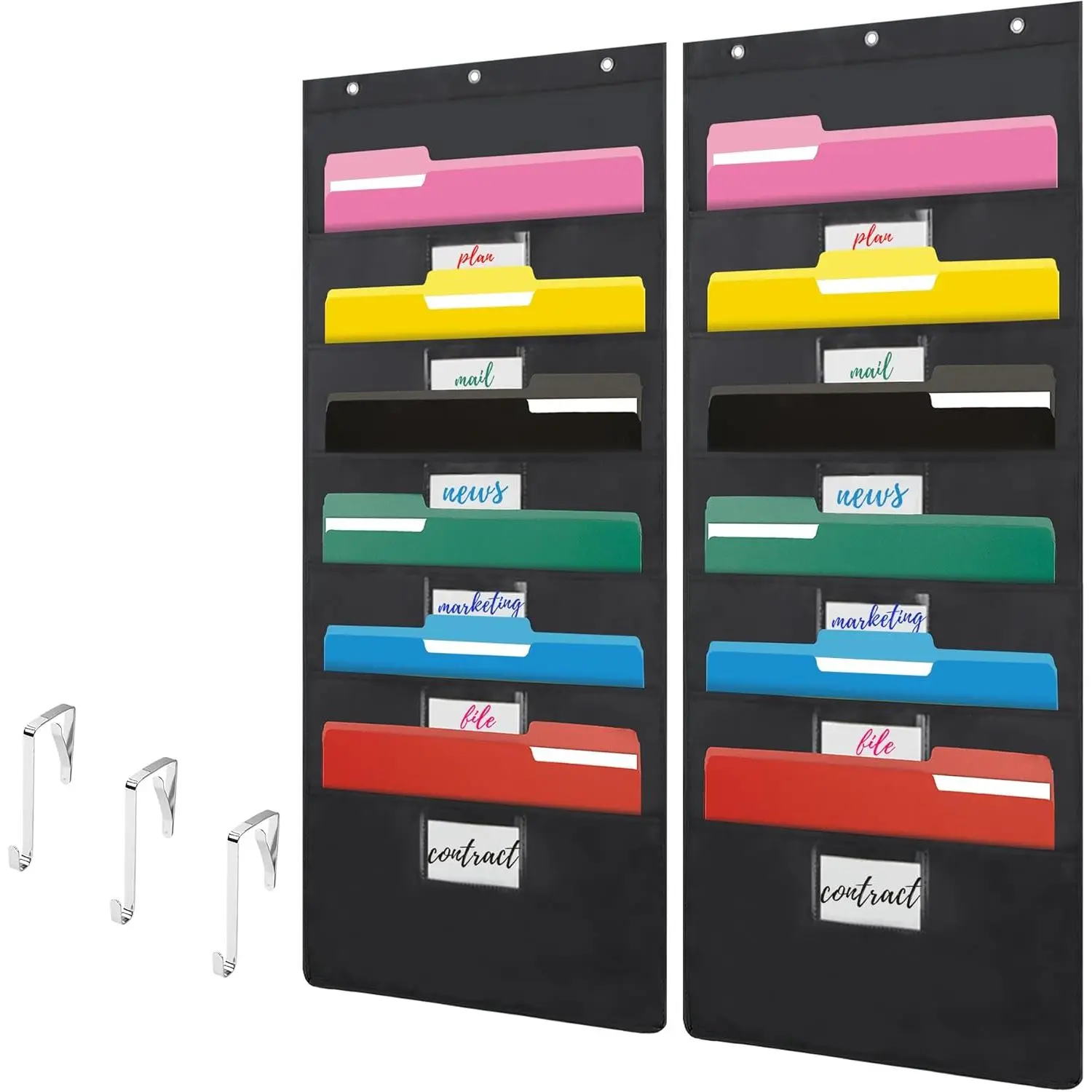 Black  Wall File Organizer with 6 Pockets,2 Packs Wall  File Folder Organizer,Over the Door Storage Pocket Chart with 3 Metal Hangers, Space Saver for Office and Classroom