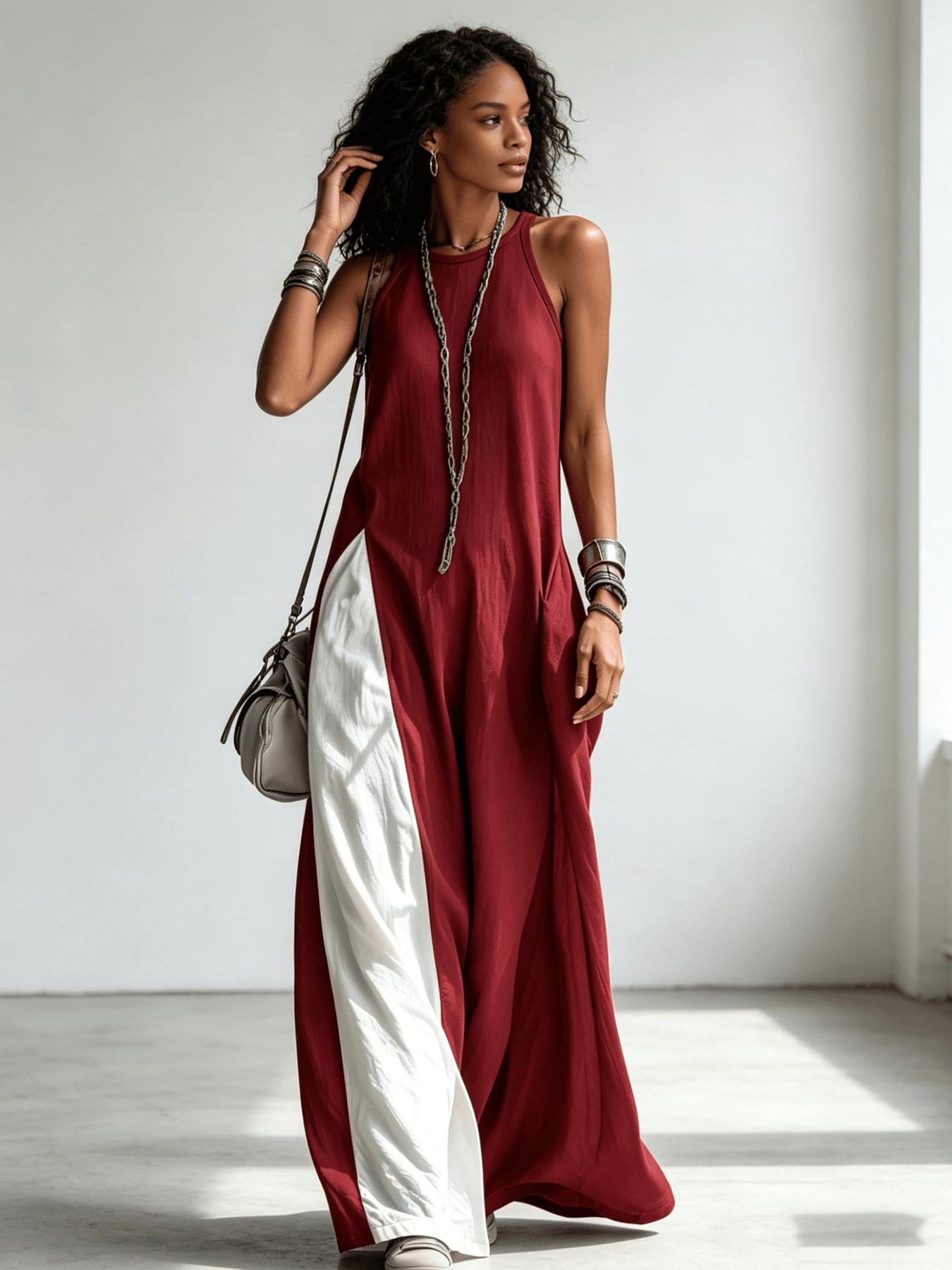 A women's color-blocking dress, Casual Beach Dress, Beach Resort Wear, with sleeveless vest, draping and flesh-concealing long skirt, suitable for summer, beach vacation, exploring shops, attending exhibitions, dating, and enjoying afternoon tea