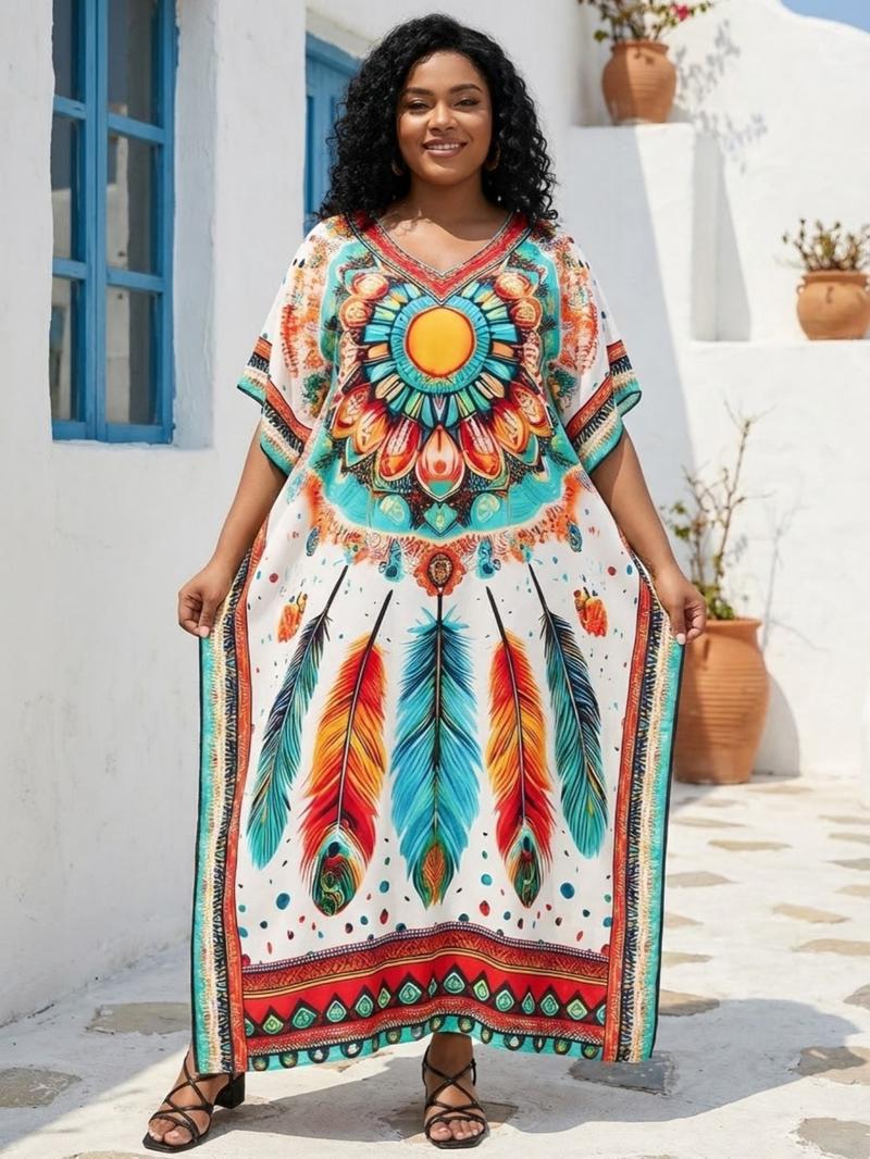 EDOLYNSA kaftans for woman oversized Moo Moo Dress printing Beach Holiday Dress beach wear vacation lounge around cover up party casual outfits muumuu caftan Comfy Homewear versatile Robe Q1469
