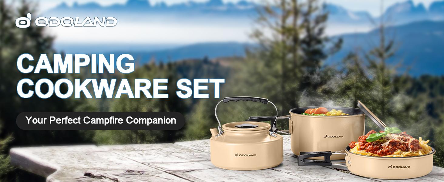 Odoland Camping Cookware Set Non-Stick Pot and Pan Set with Kettle, Stainless Steel Utensils Mess Kit, Cups Plates Knives Spoons Forks for Outdoor Cooking,Khaki