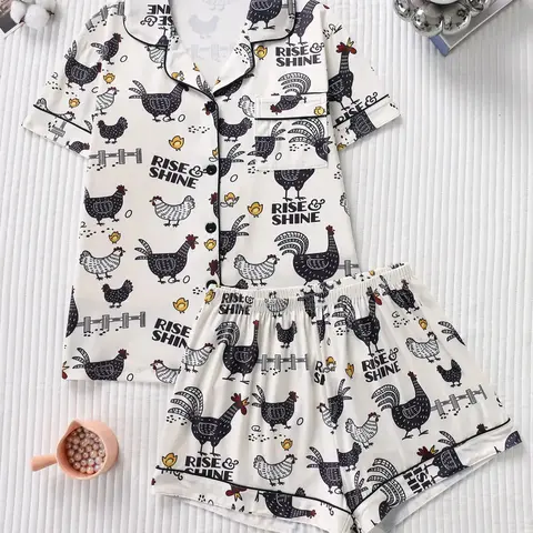 2-Piece Floral & Animal Print Pajama Set, Casual Fitted Top with Button-Down Neckline, Comfortable Loose Shorts, Elegant Women's Sleepwear, Pj Sets