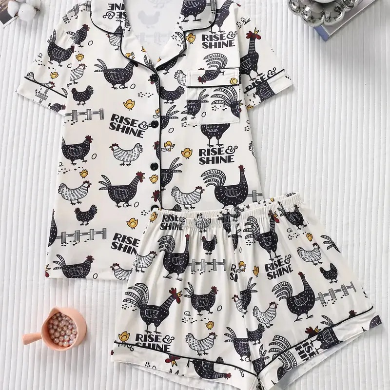 2-Piece Floral & Animal Print Pajama Set, Casual Fitted Top with Button-Down Neckline, Comfortable Loose Shorts, Elegant Women's Sleepwear, Pj Sets