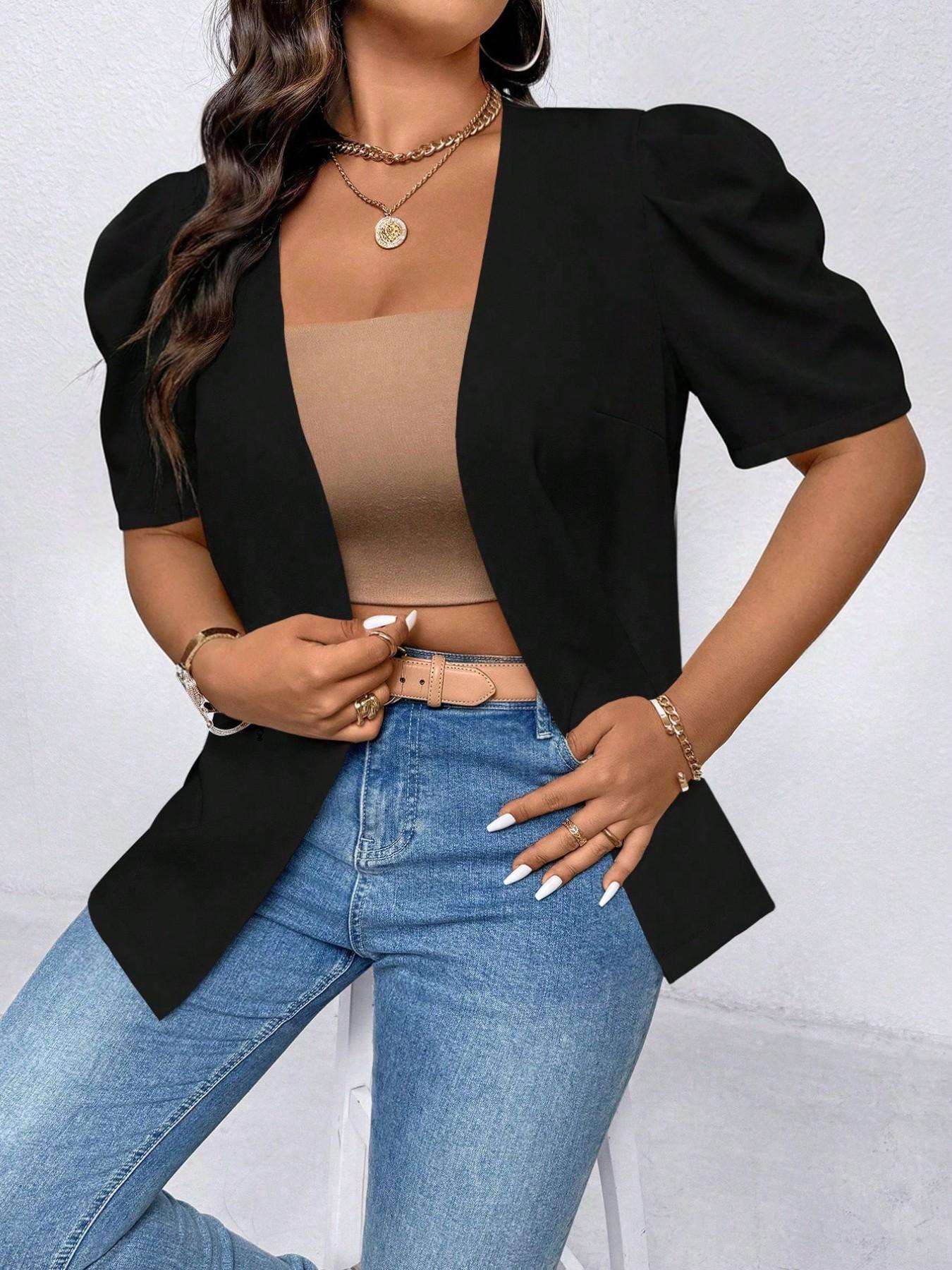 Bubble Sleeve Blazer for Daily Wear, Chic Minimalist Casual Versatile Jacket, Lapelless Design, Slimming Effect, Suitable for All Shoulder Types