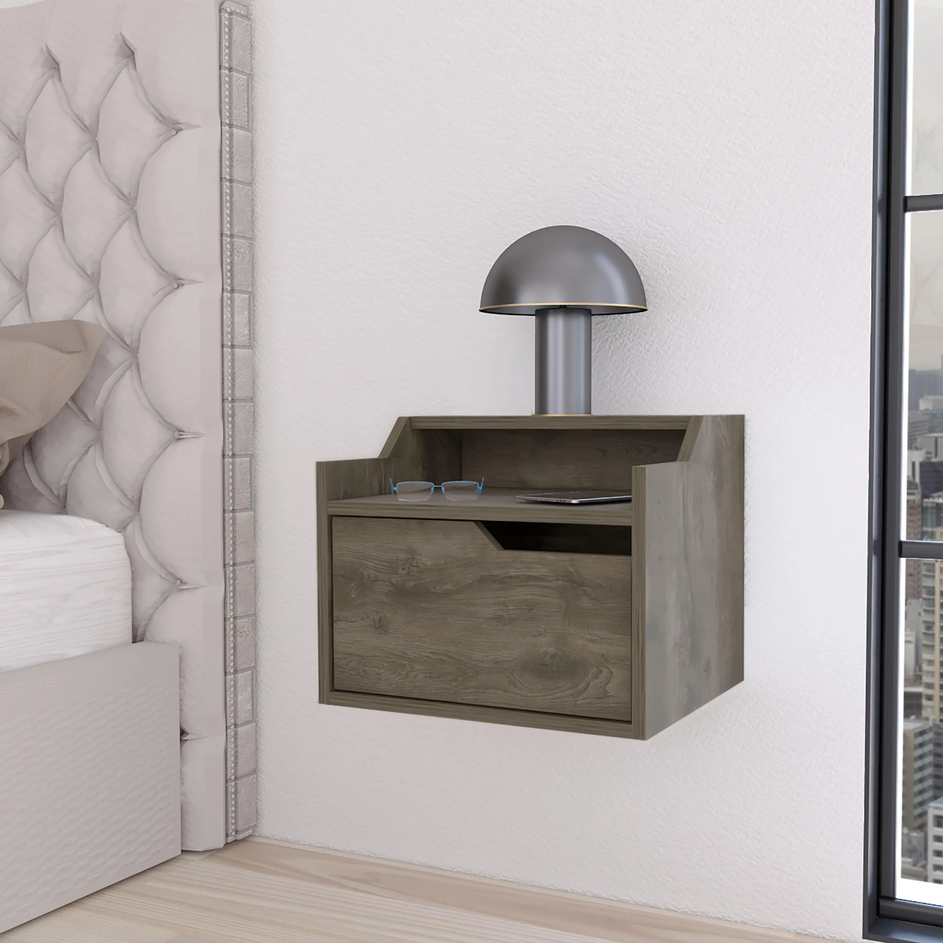 Floating Nightstand with Drawer and Two-Tier Open Shelves, Dark Brown Engineered Wood Wall-Mount Bedside Table for Small Bedrooms, 15.7 x 13.3 x 12.9 Inches