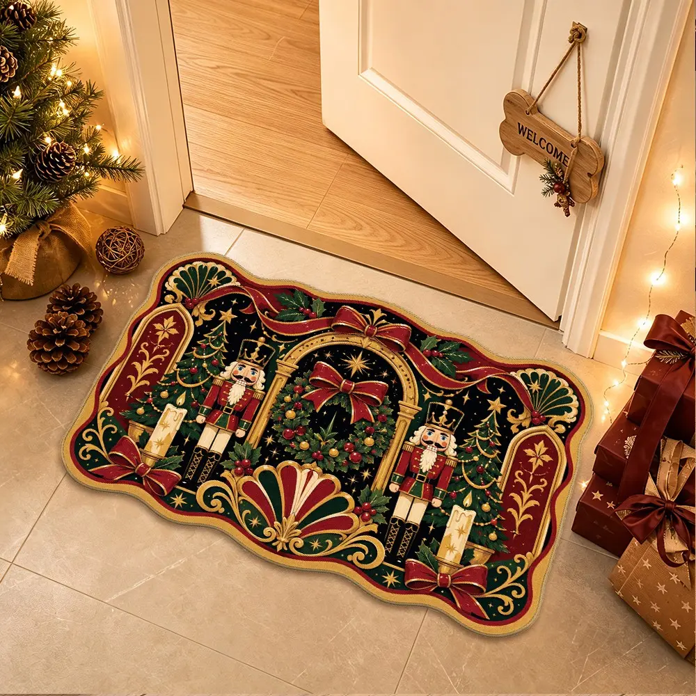 Xmas Elegant Nutcracker Welcome Doormat Classic Holiday Nutcracker Soldier Arch Scene Velvet Floor Rug for Entryway Living Room Christmas Holiday Gift Washable Entryway Mat