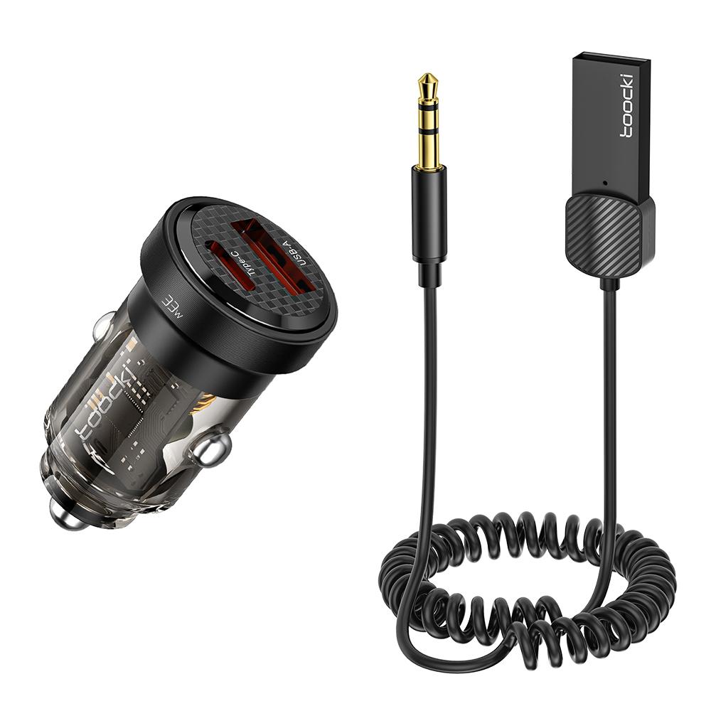 Toocki Car Aux to Bluetooth 5.4 Adapter and 33W USB C Car Charger Dual Port Fast Charging Car Charge QC3.0 PD36W Cigarette Lighter Adapter（Combination two-piece set ）