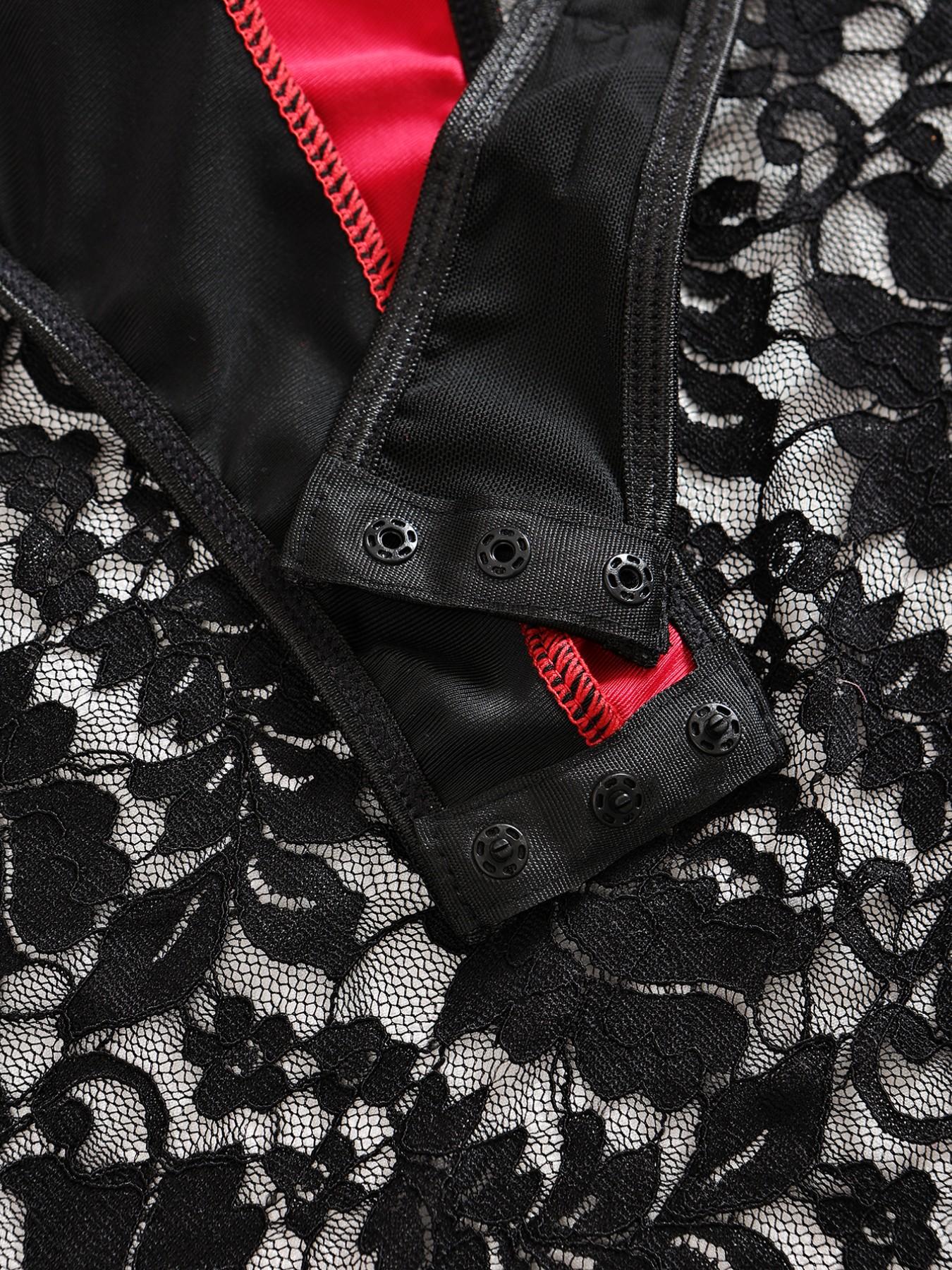 Halloween Devil 3-Piece Set Lingerie, PU Leather Bodysuit with Gloves and Horn Headband, Sexy Slim-Fit Patchwork Cosplay Costume