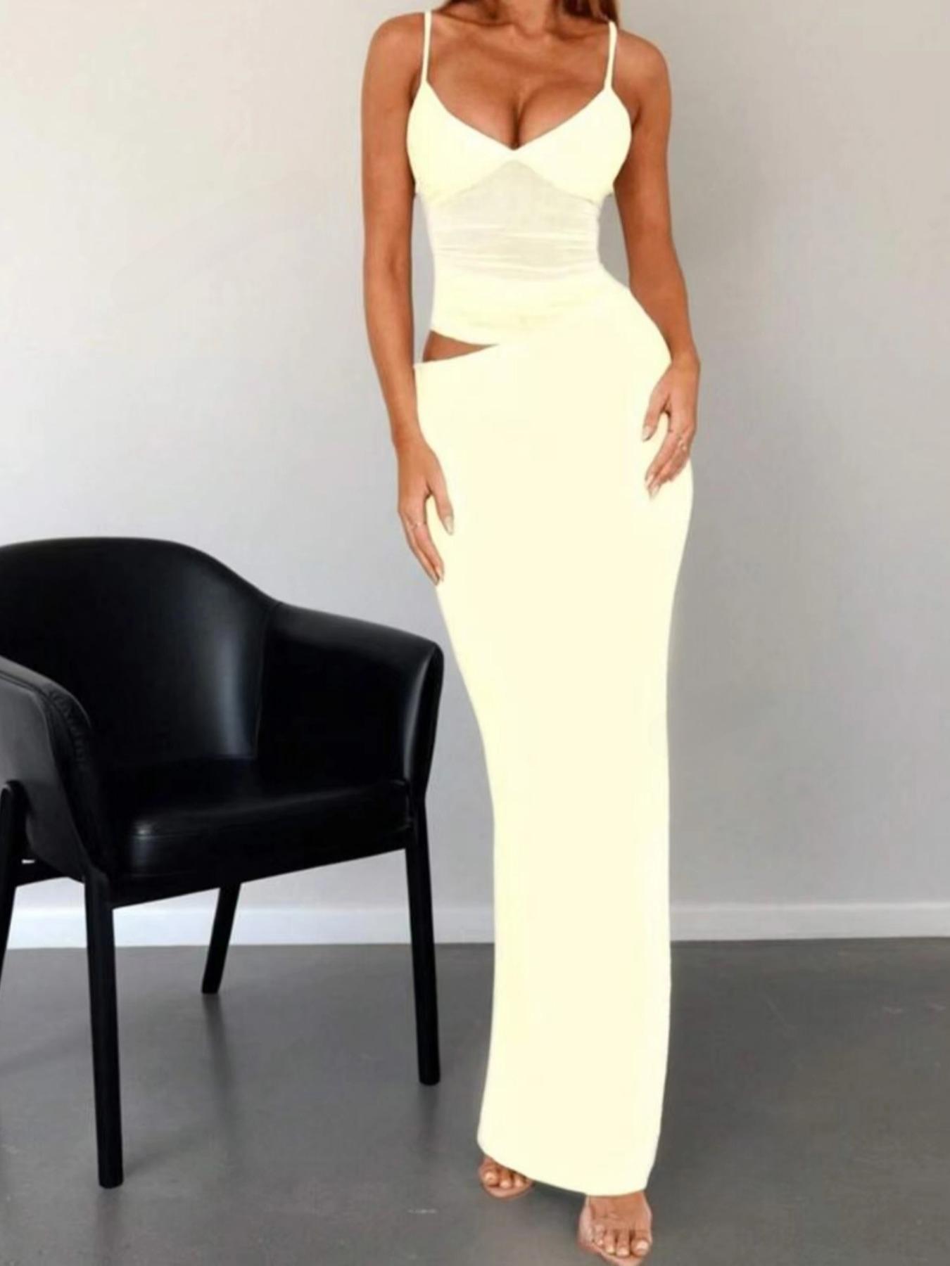 Women's Solid Sheer Cami Dress, Elegant Adjustable Spaghetti Strap Maxi Dress for Party Club Dating Wear, Ladies Summer Clothes