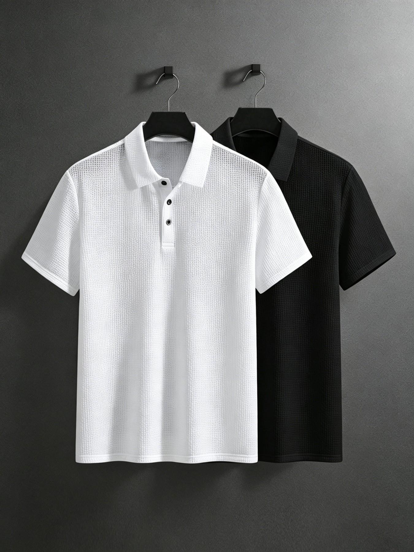 "Men's Waffle Knit Short Sleeve Polo Shirts, 2 Pack Breathable Casual Golf Tops, Soft Comfy Button Down Collared Tees for Daily Wear and Business Casual"