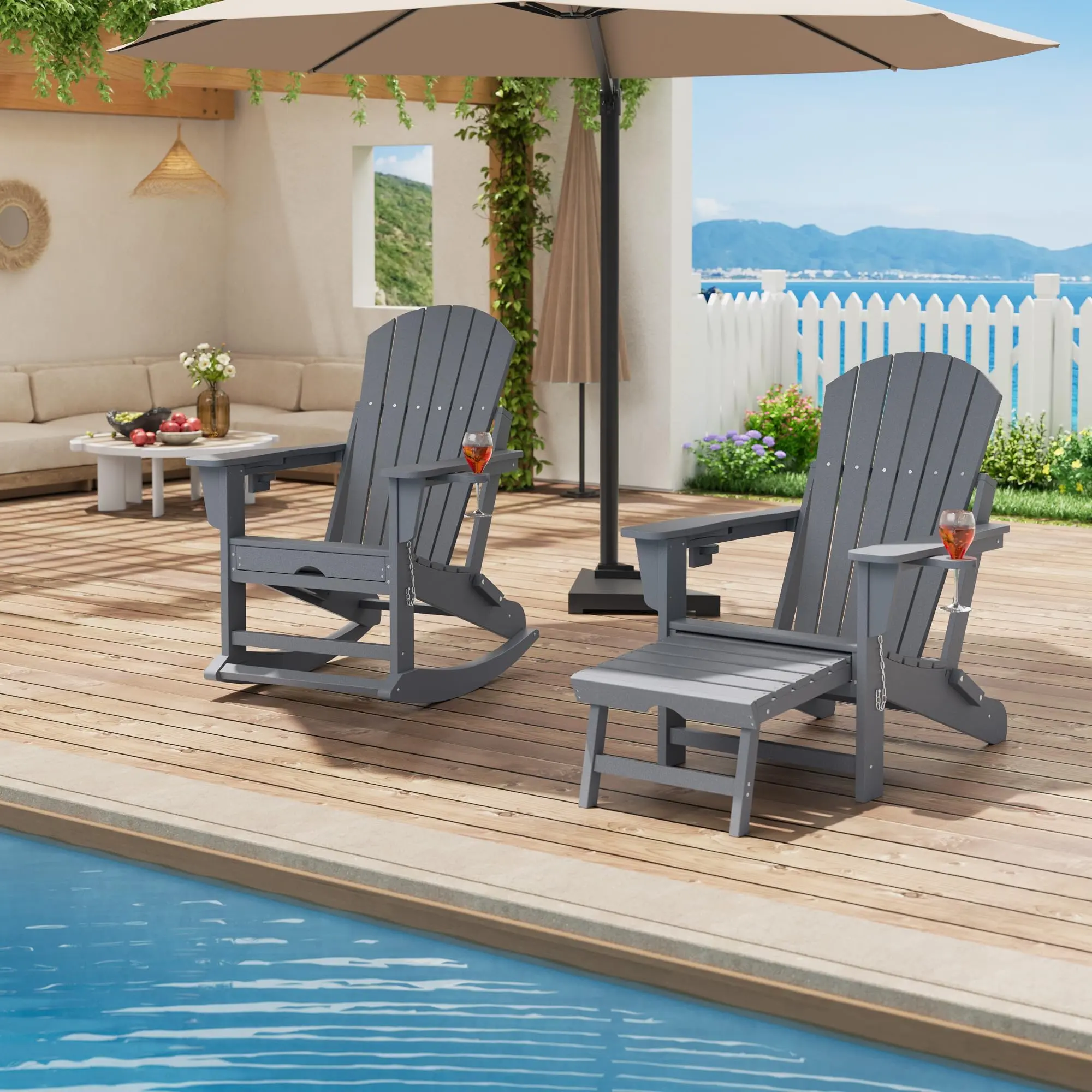 GARVEE 2-in-1 Foldable Rocking Chair Made of HDPE, Adirondack Lounge Chair with Drink Holder, Wide Armrests and Footrest, Weatherproof Garden Chair, for Terrace and Pool, 73.9 x 84 x 104.6 cm (1 piece)