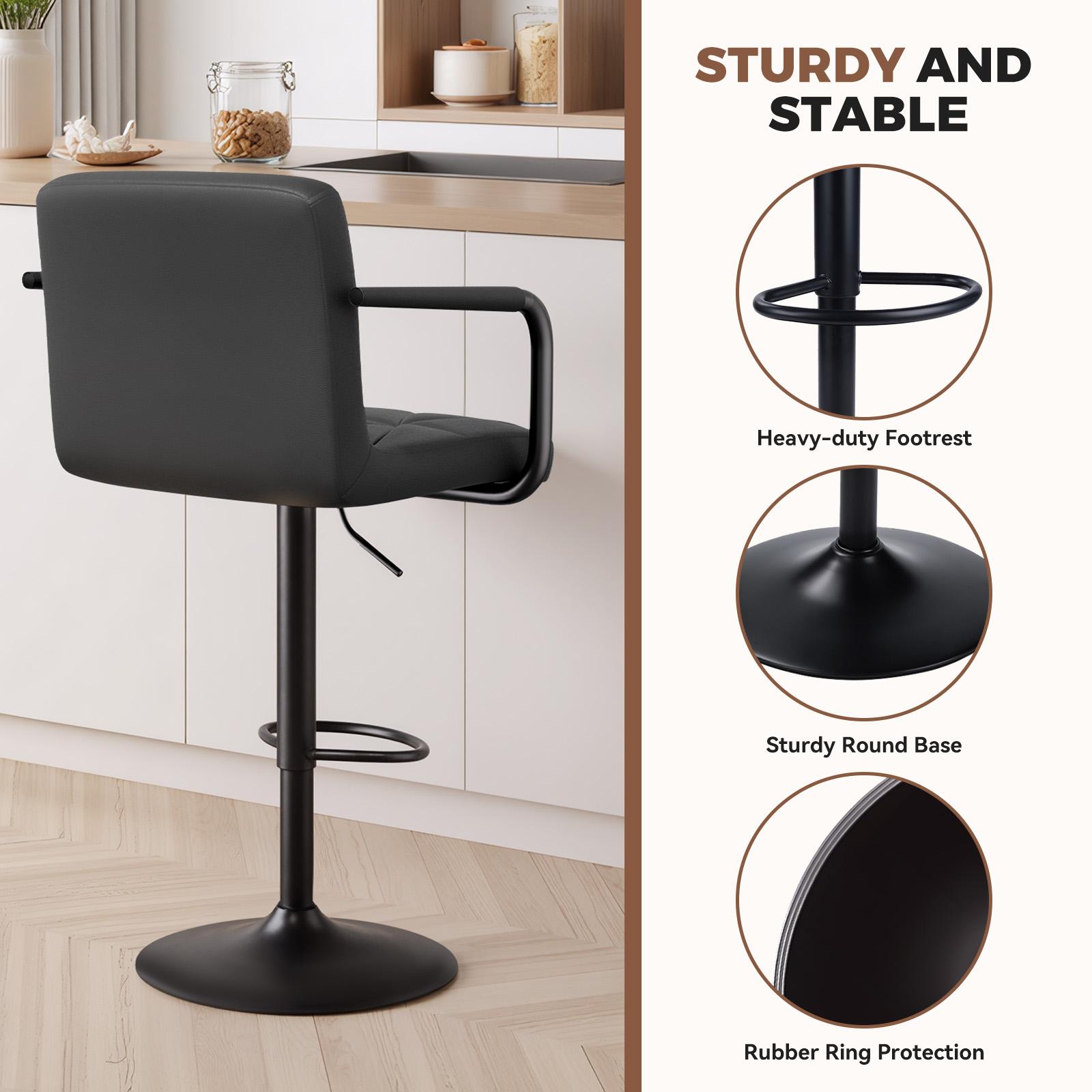 Set of 2 Barstools, Adjustable Height 25.5-34.5 IN with Back & Arms, Swivel PU Leather Upholstered Counter Height Bar Chairs