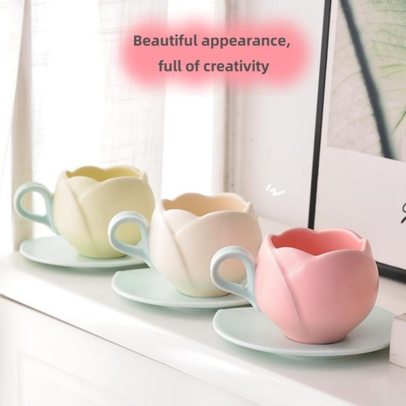 1 Count Ceramic Tulip Coffee Mug with Saucer Set, Shape Cup, Cute Mug Set, Latte Mugs for Tea Coffee Milk for Home Office Aesthetic 🌸Multi-use Cup and Saucer  Designer Coffee Mug ☕  🥐 🍰