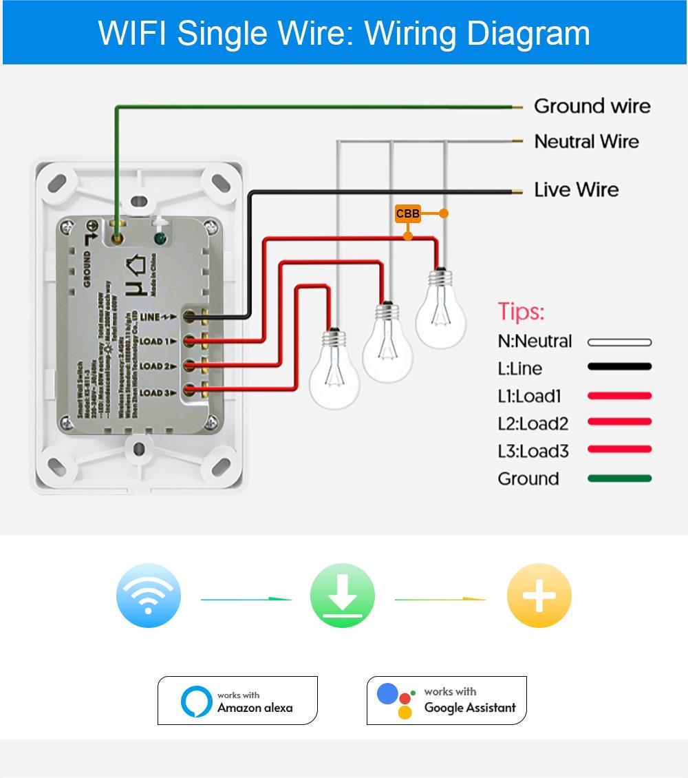 Smart Light Switch WiFi Zigbee, No Neutral Wire, Panel Mount, Push Button, 1/2/3 Gang, Ac100v-250v, Smart Voice Control Compatible with Alexa&Google Home