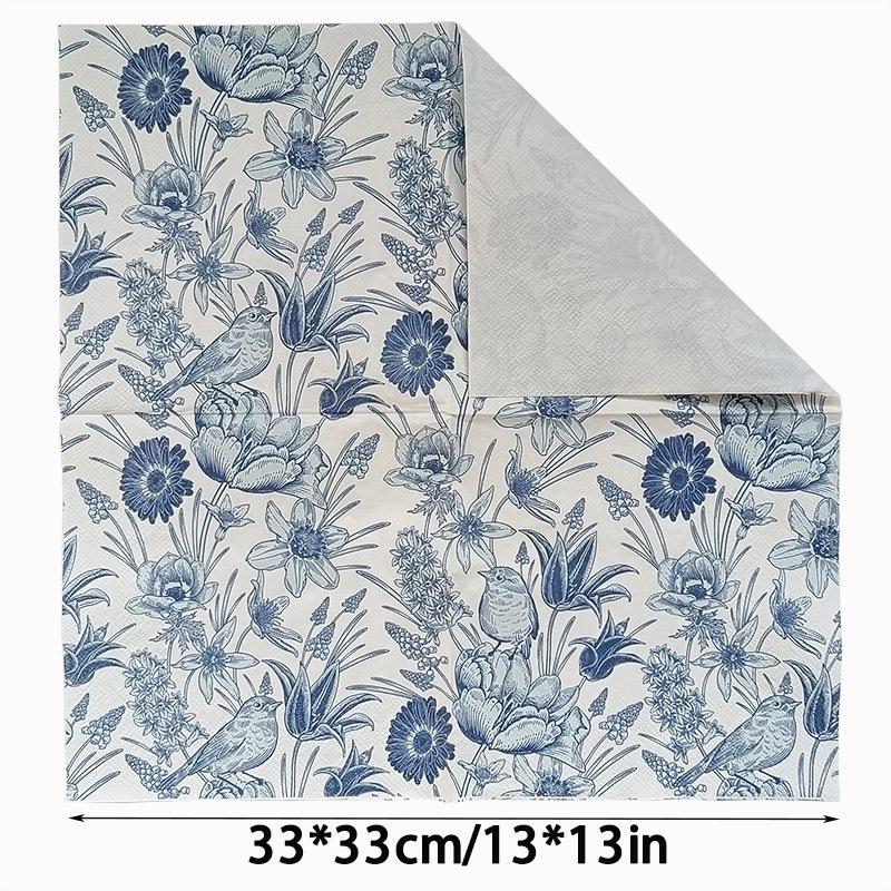 Blue Floral Bird Pattern Napkins, 2 Packs (20 Sheets/pack), Traditional Style Disposable Napkins for Wedding Party Decorations