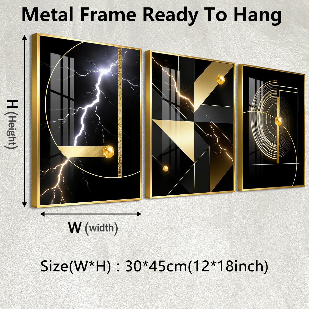 3 Counts Aluminum Alloy Framed Painting, Abstract Golden Geometric Lightning Art Pictures, Home Decoration For Living Room, Bedroom, Office, Restaurant, Hallway Wall Decor, Odorless Print Artwork, Luxury Perfect Gift For Friends And Family