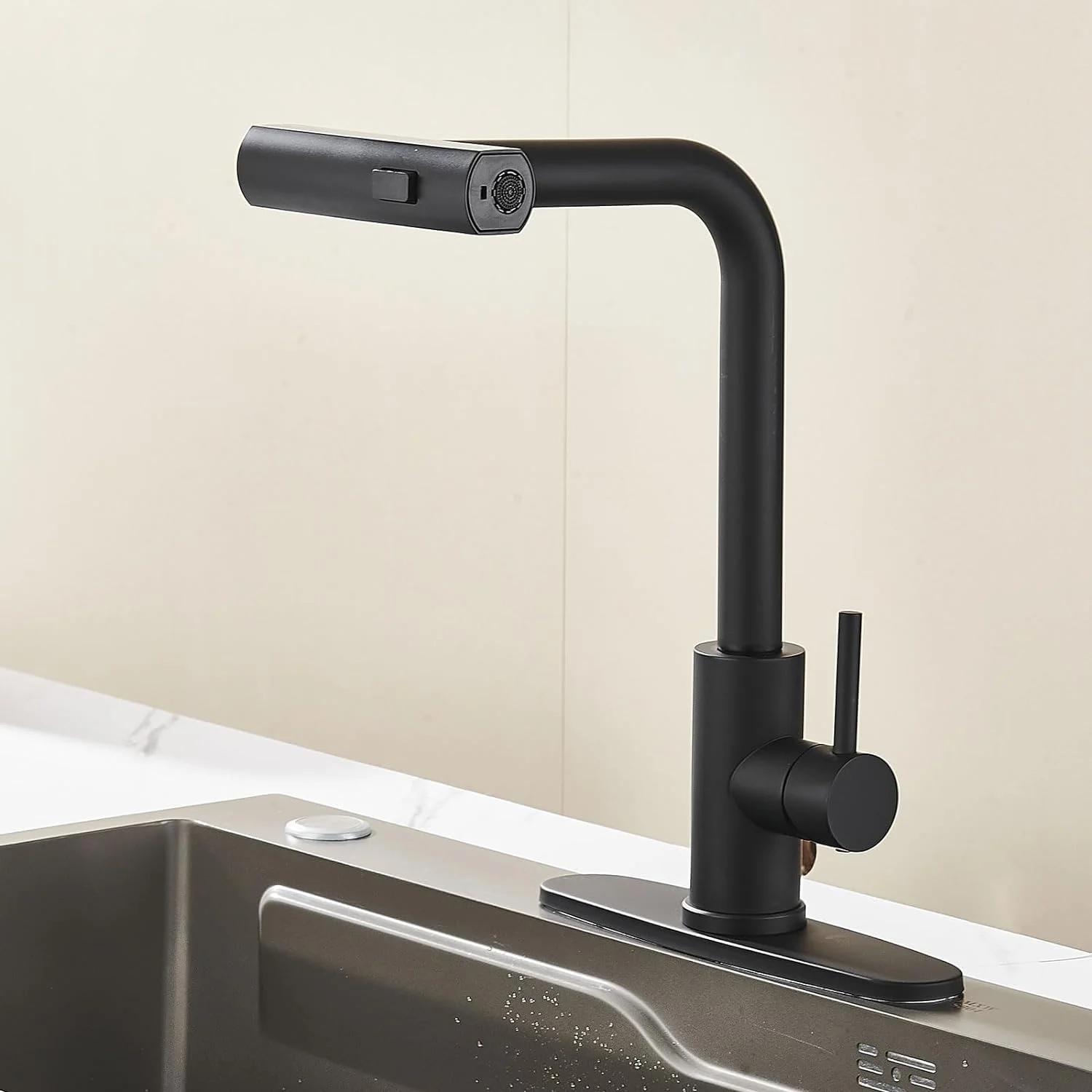 Kitchen Faucets with Pull Down Sprayer Matte Black, 3 Mode Kitchen Sink Faucet with Deck Plate for Farmhouse RV Vessel Basin