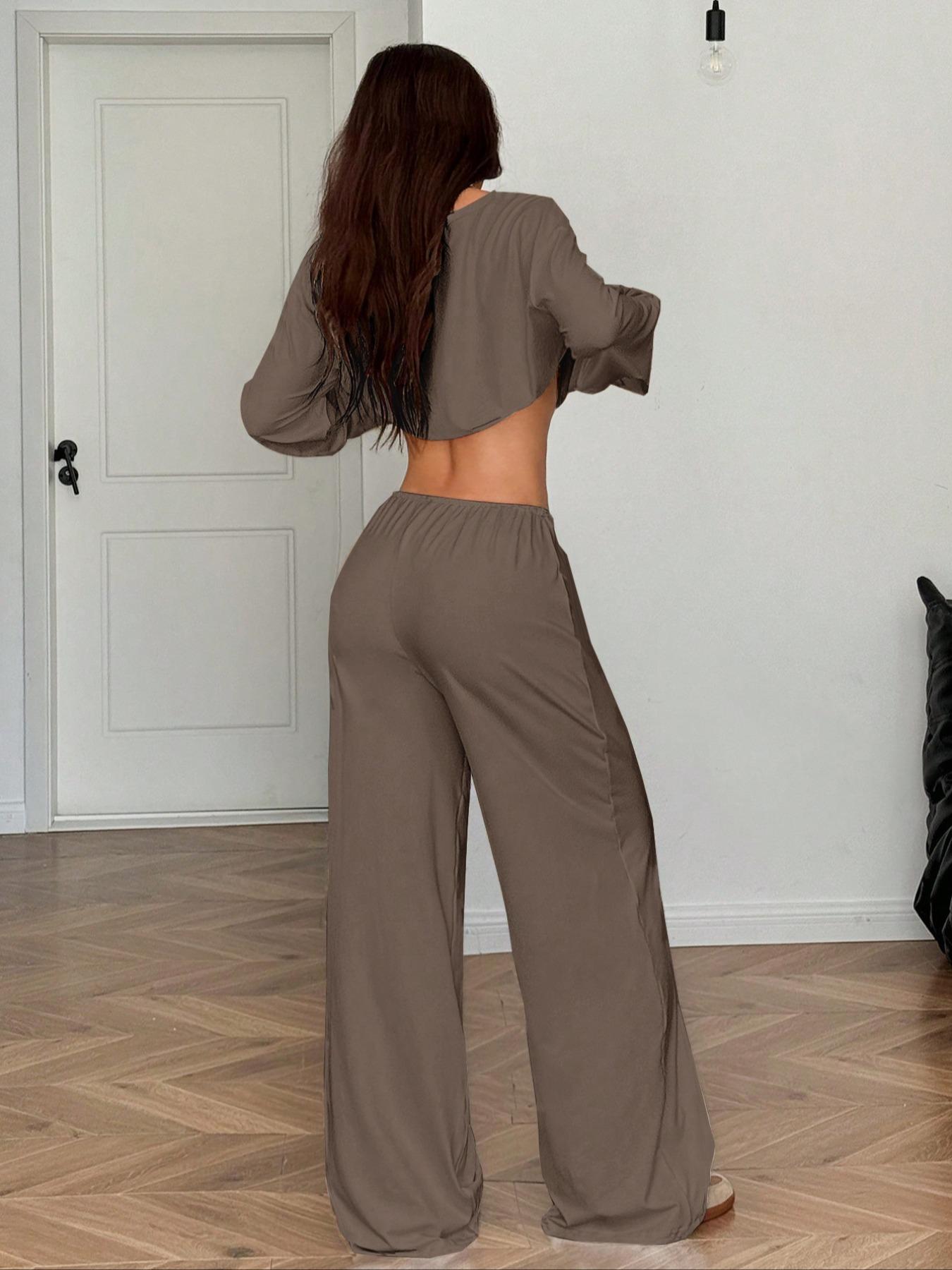 Women's 2 Piece Matching Lounge Set Off The Shoulder Long Sleeve Top and Drawstring Wide Leg Pants Casual Sweatsuit