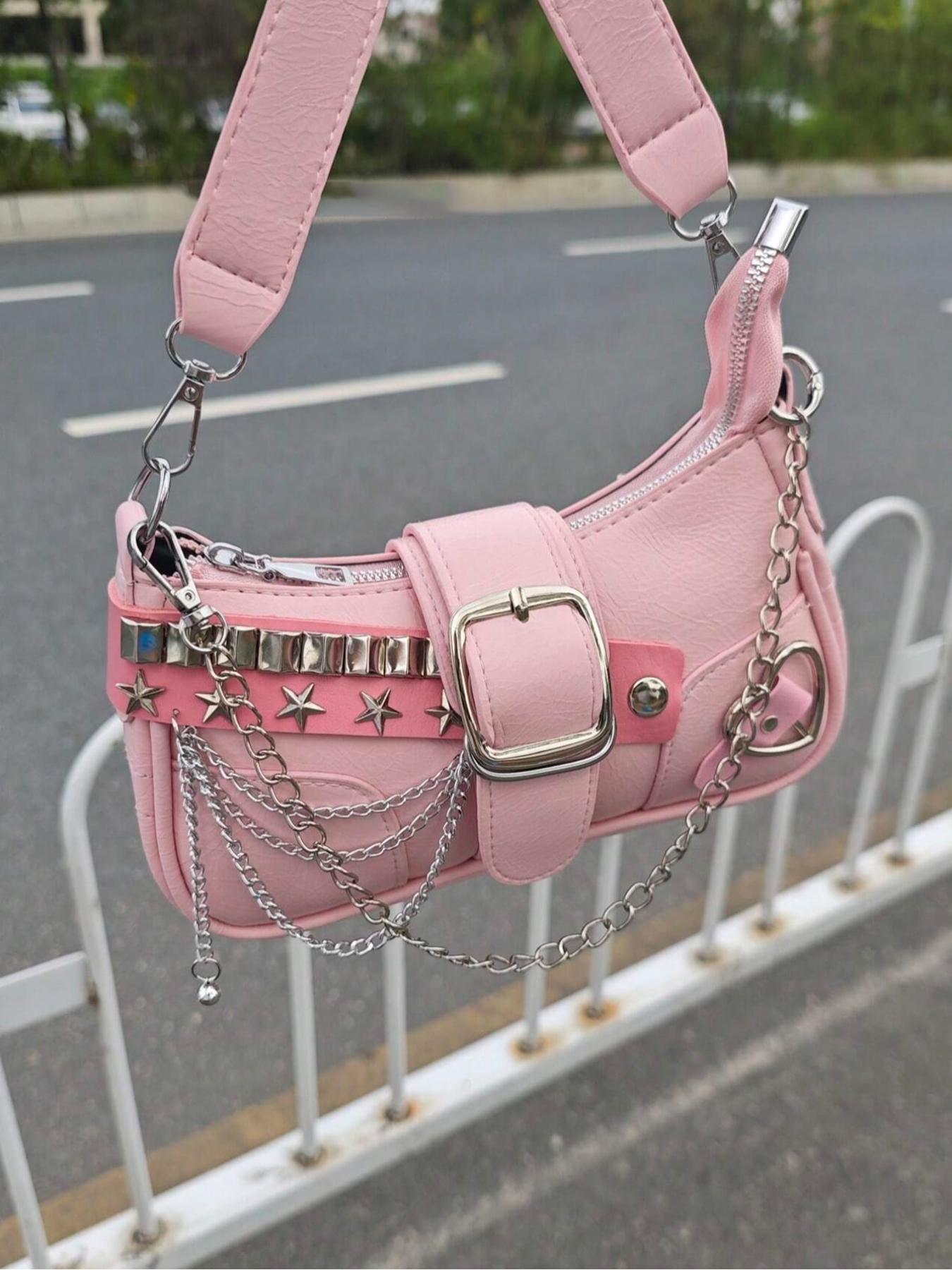 Vintage Y2K Style Women's Shoulder Bag, Crossbody Chain Bag, Star Chain Design, Detachable Strap, Zip Closure, Casual Handbag for All Seasons