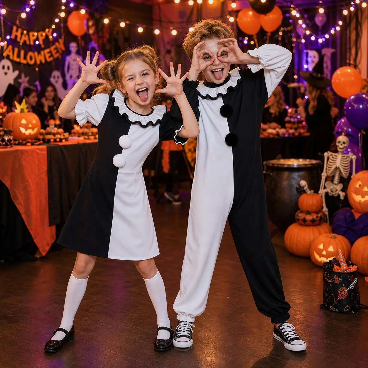 Kid and Adult Clown Costume Jumpsuit Women Men Black and White Halloween Outfit Scary Killer Cosplay for Boys Girls Perfect for Family -Parent‑Child Activities