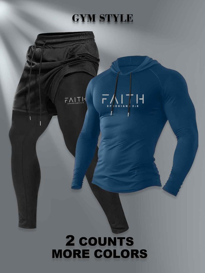 Men's Hooded Long Sleeve T-Shirt + Faux Two-Piece Pants Set, Casual Fall & Winter, Moderate Fabric, Fitted Style