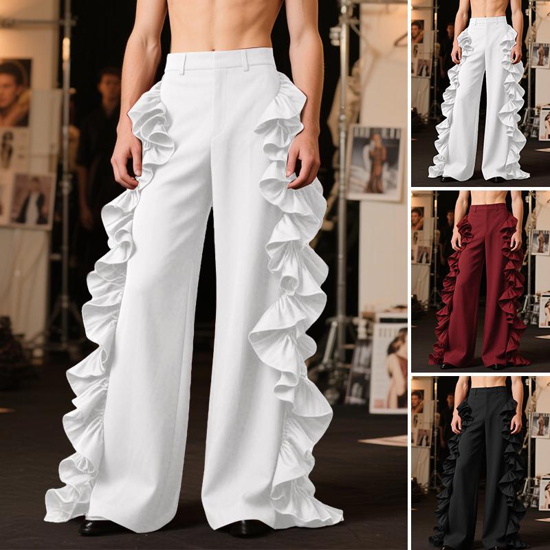 INCERUN Mens High Waist Zipper Ruffles Holiday Party Casual Loose Bottoms Wide Leg Trousers Long Pants