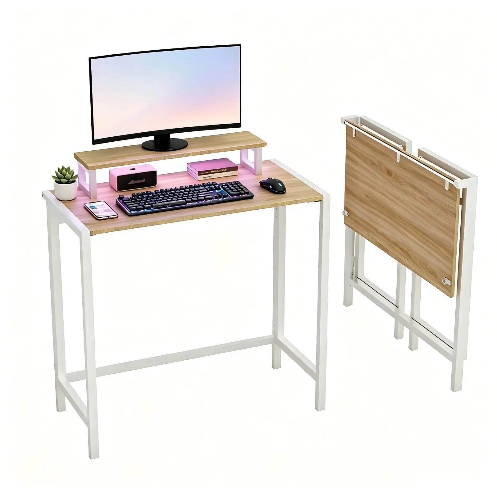 Folding Computer Desk with RGB LED Lights, 31.5 inch Multifunctional Workstation with Elevated Monitor Shelf, Sturdy Iron Frame Foldable Gaming Desk with Cable Management for Home Office Dorm Apartment