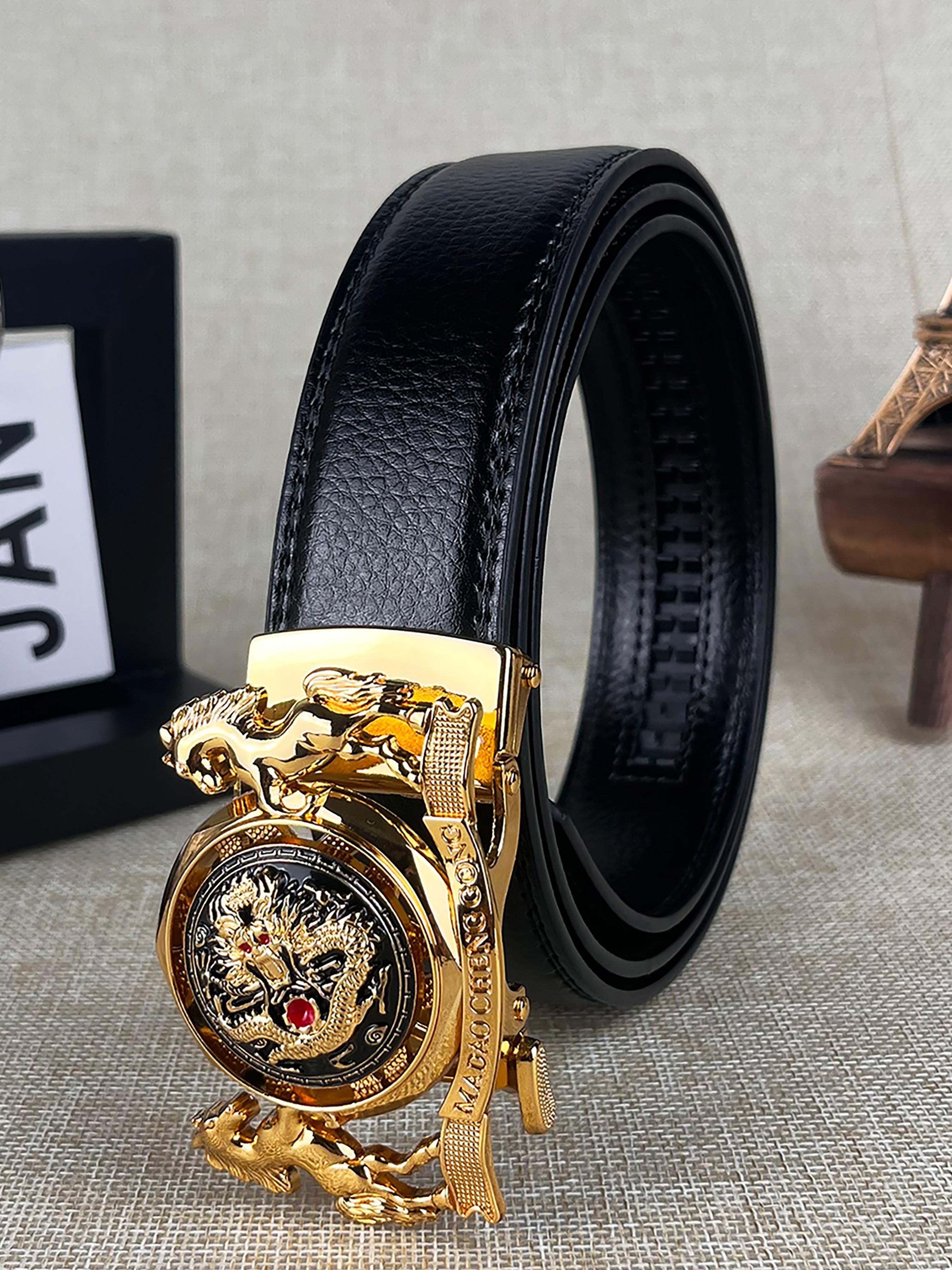 Men's and Women's Twin Horse Relief Design, Dragon Pattern Alloy Automatic Buckle Belt, Trendy and Fashionable, Novel, 1.38in/3.5cm Wide Ratcheting Belt, Gold Metal Decorated Buckle Belt, Christmas Gift, Valentine's Day Gift.