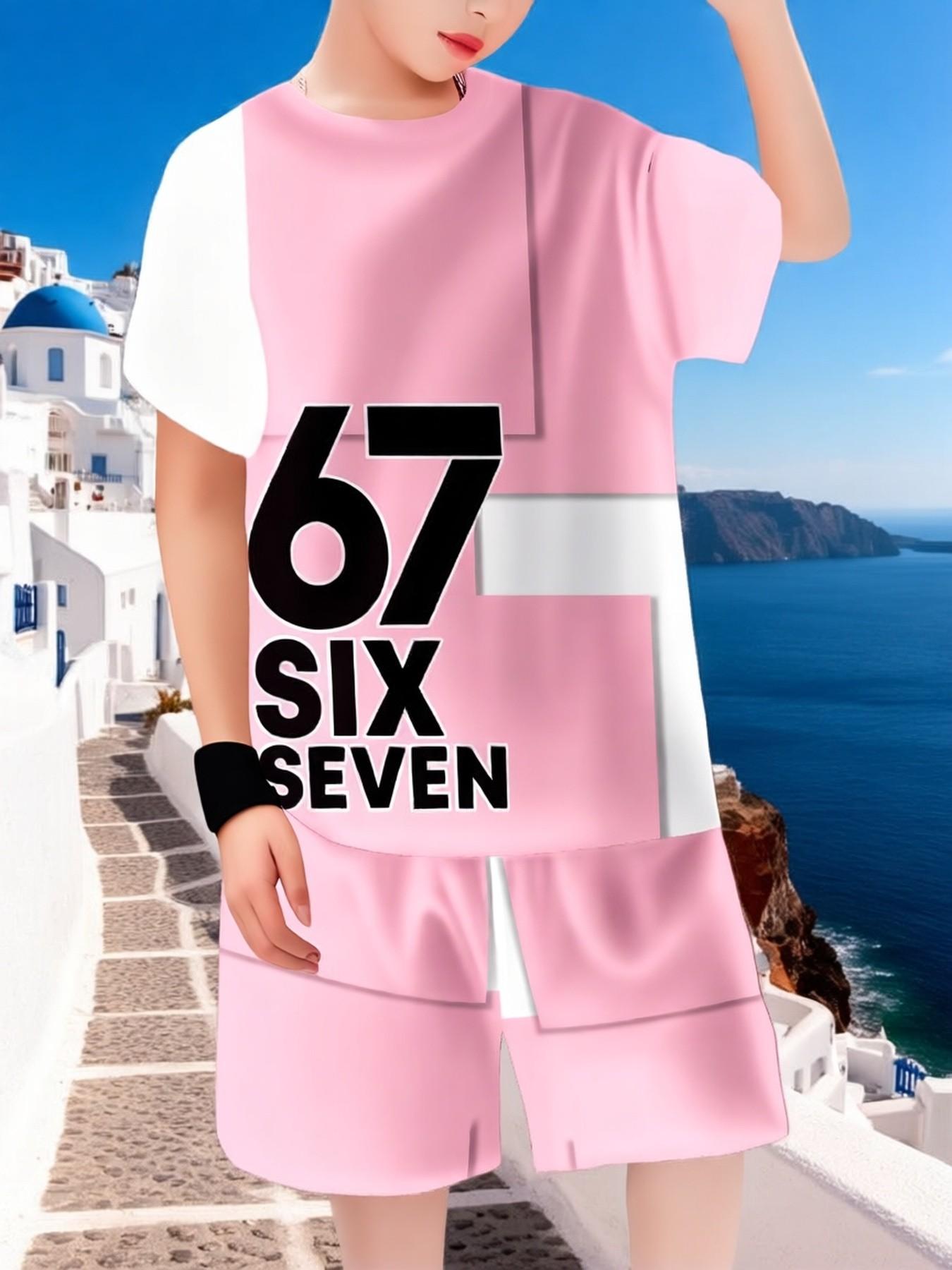 Boys' Block Number 67 Graphic Print Set, Casual Summer, Breathable, Quick-Dry, Ideal for Outdoor Activities