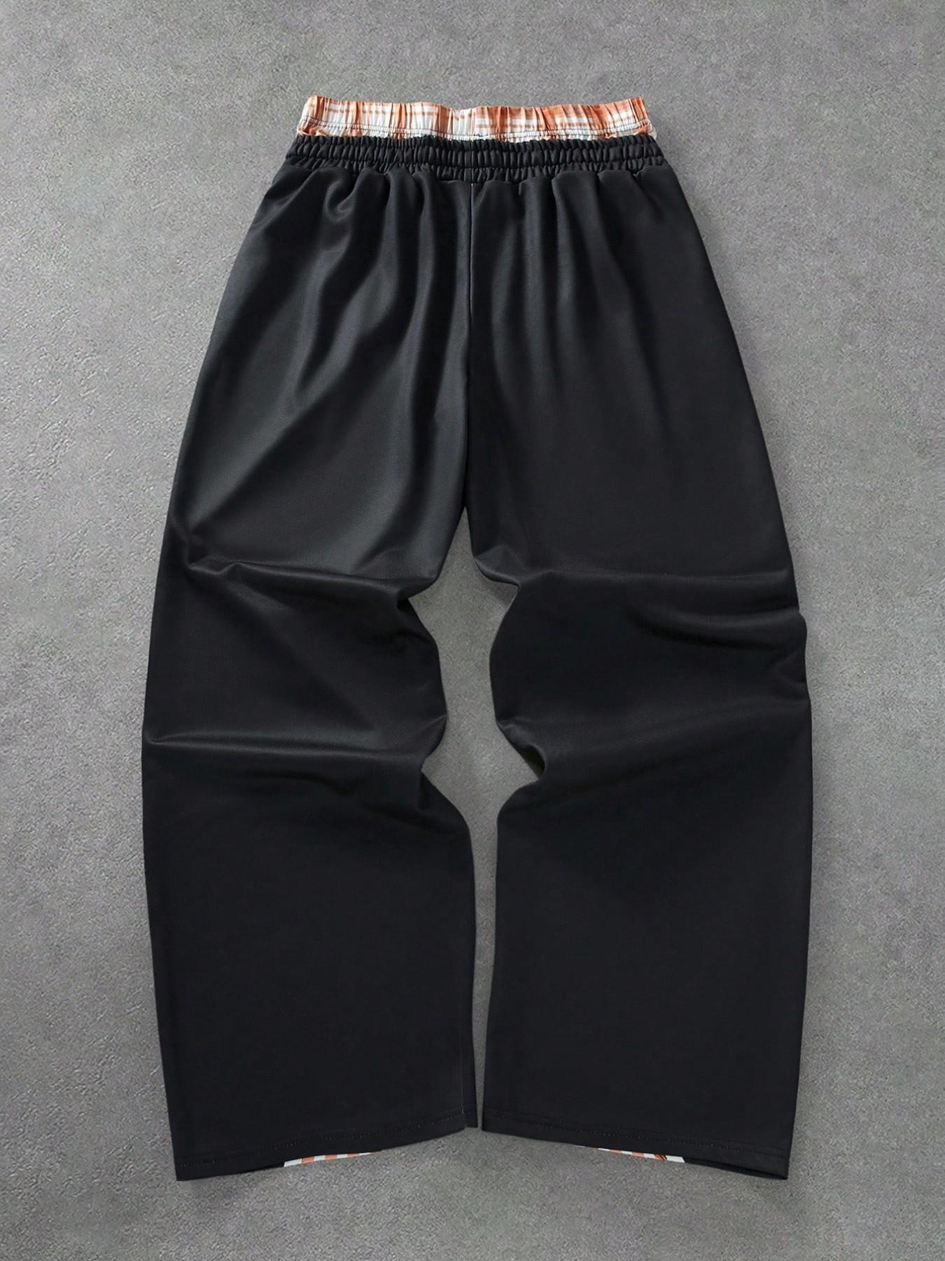 Men's Vintage Twin Eagle Badge Striped Sports Pants, Elastic Waist Drawstring Streetwear Wide Leg Pants, American Retro Casual Sweatpants