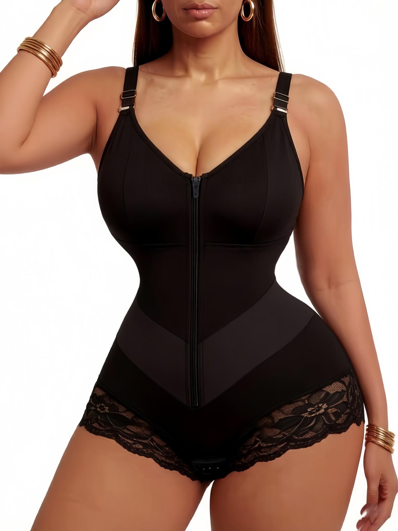 Colombian Shapewear, Fajas, Women's Solid Color Lace Trim Anti-Slip Leg Hem Jumpsuit, Front Zipper V-Shaper Belt Shapewear Bodysuit, Natural Lift Body Shaper, Double Compression Contouring Romper, Waist Trainer, Suitable For Training Or Sports, Aesthetic