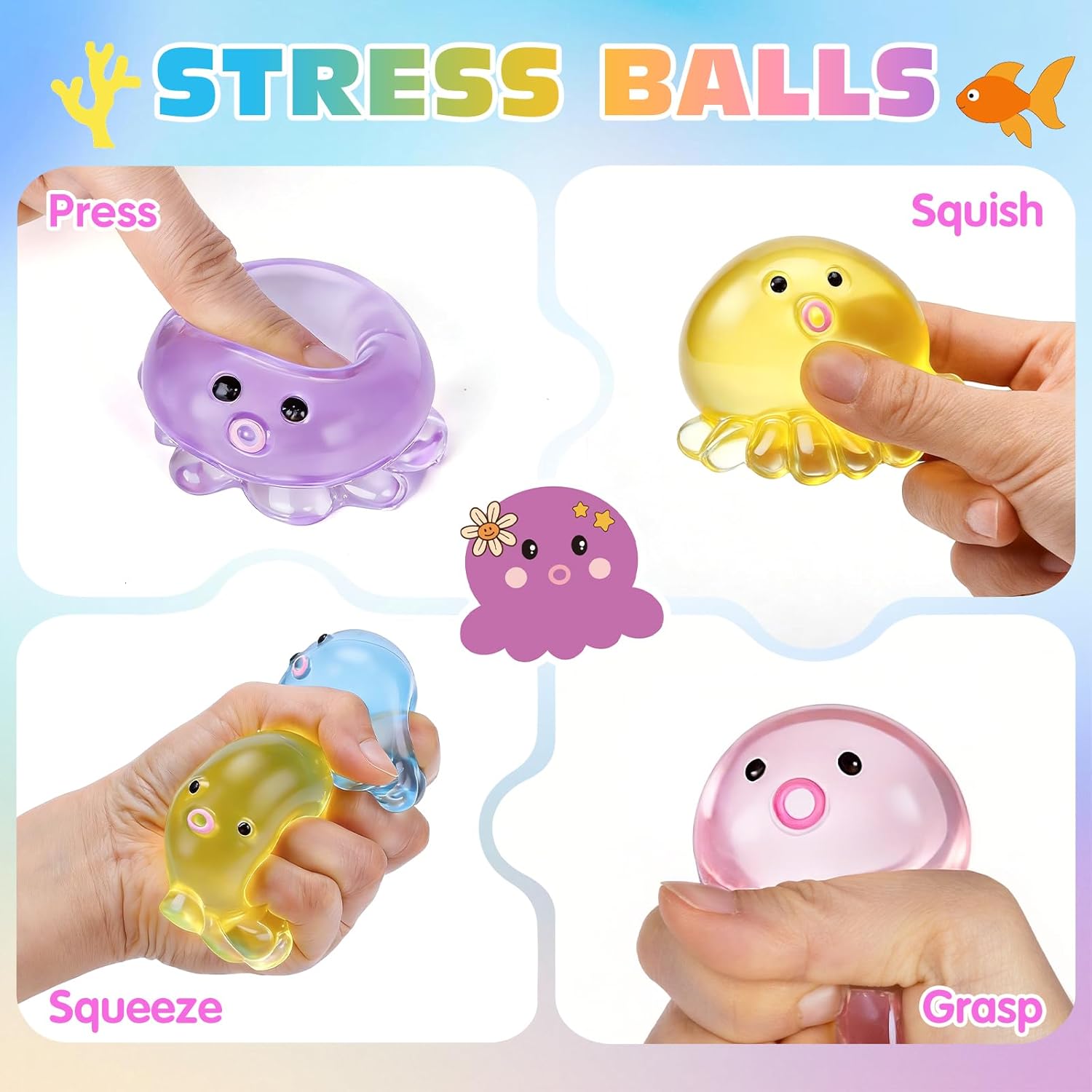 Jelly Squishy Fidget Toy Pack, 4Pcs Pink Glitter Transparent TPR Stretchable Squeeze Toys, Apple Dachshund Octopus Ball Sensory Toys, Stress Anxiety Relief Gift for Kids & Adults