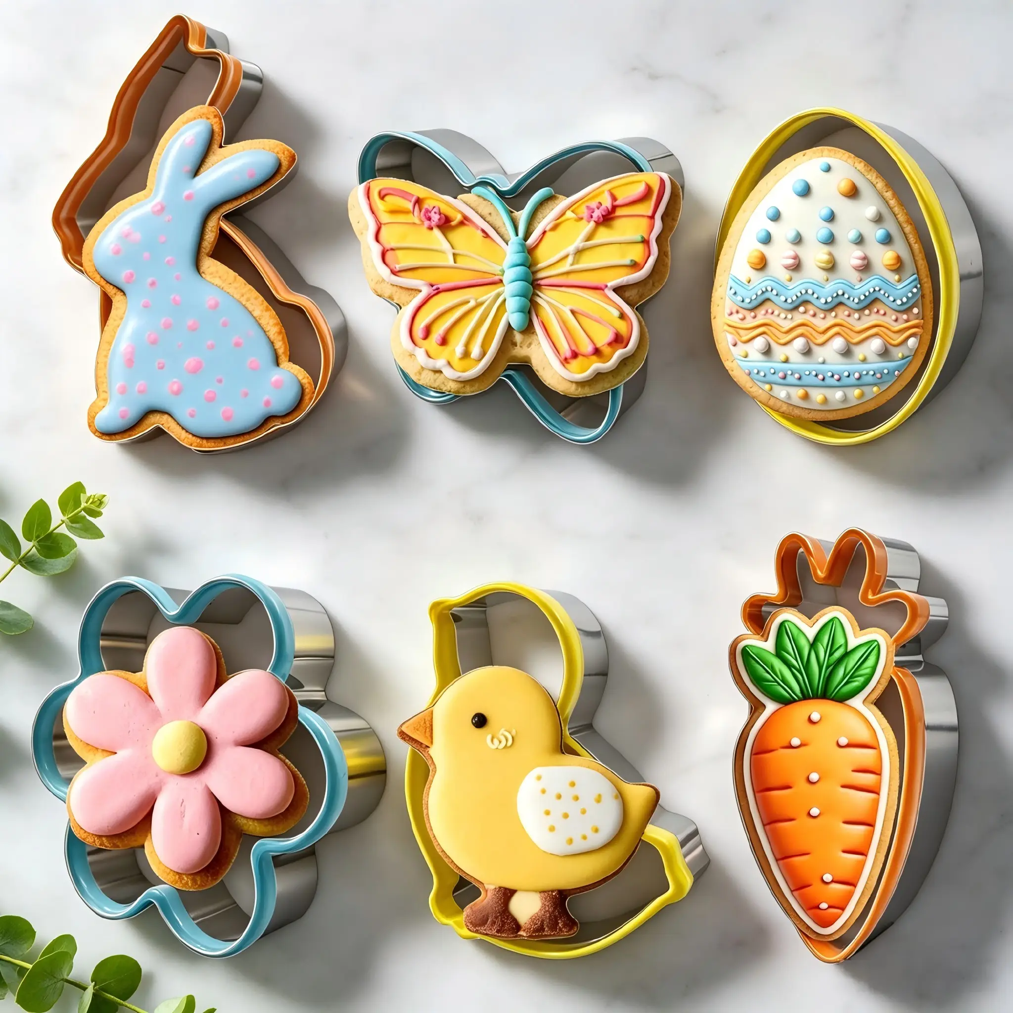 6PCS Easter Cookie Cutter Set Food Grade Stainless Steel Colorful PVC Comfort Edges Bunny Chick Egg Carrot for Kids Spring DIY Baking Party Safe Grip Easy Clean Fruit Cheese Cake Decor Baking Tool