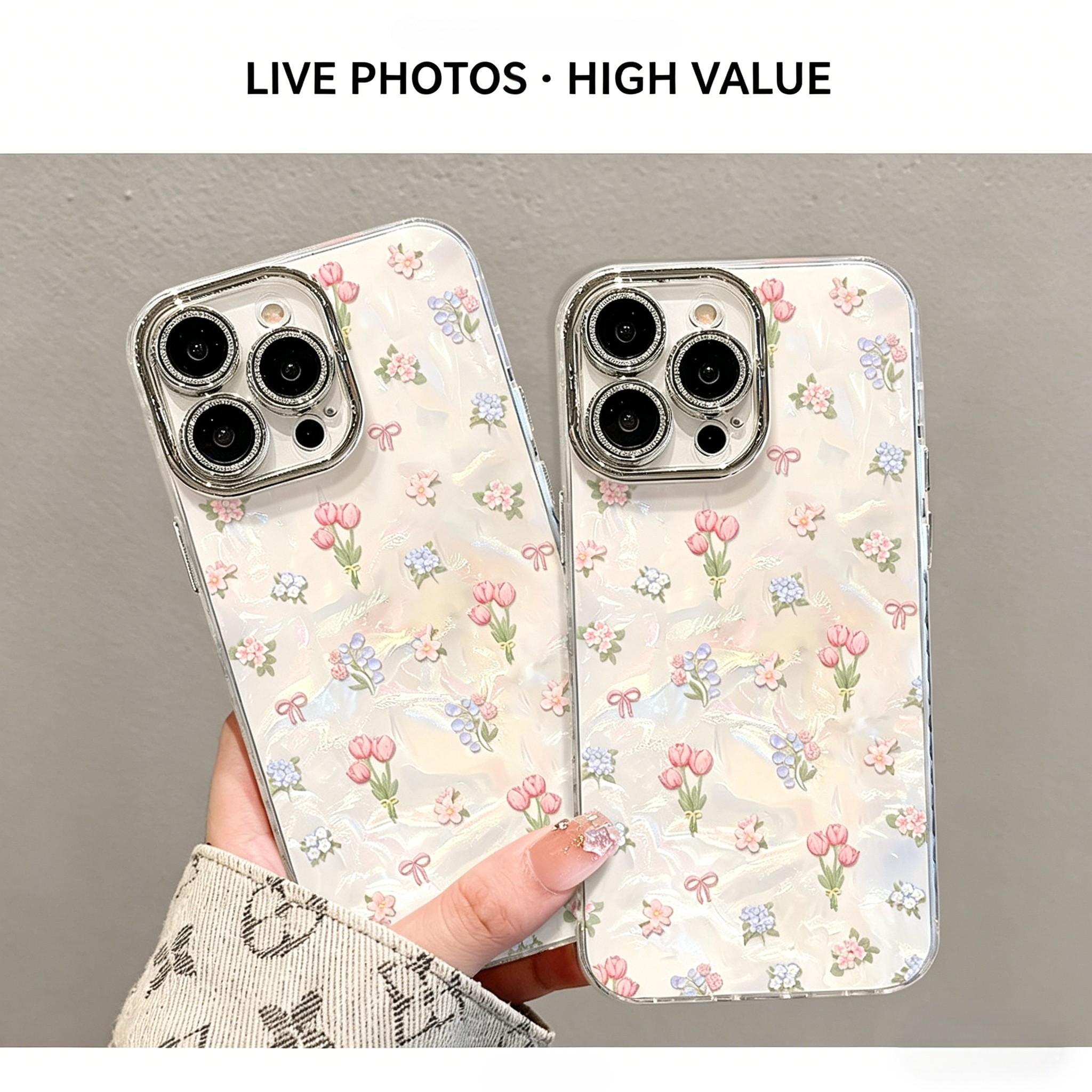 Cute Floral Phone Case with Wrist Strap for iPhone 17 /Pro Max, Acrylic Aesthetic Shockproof Cover with Bling Camera Lens Protector, Clear Glitter Flower Case for Women Girls