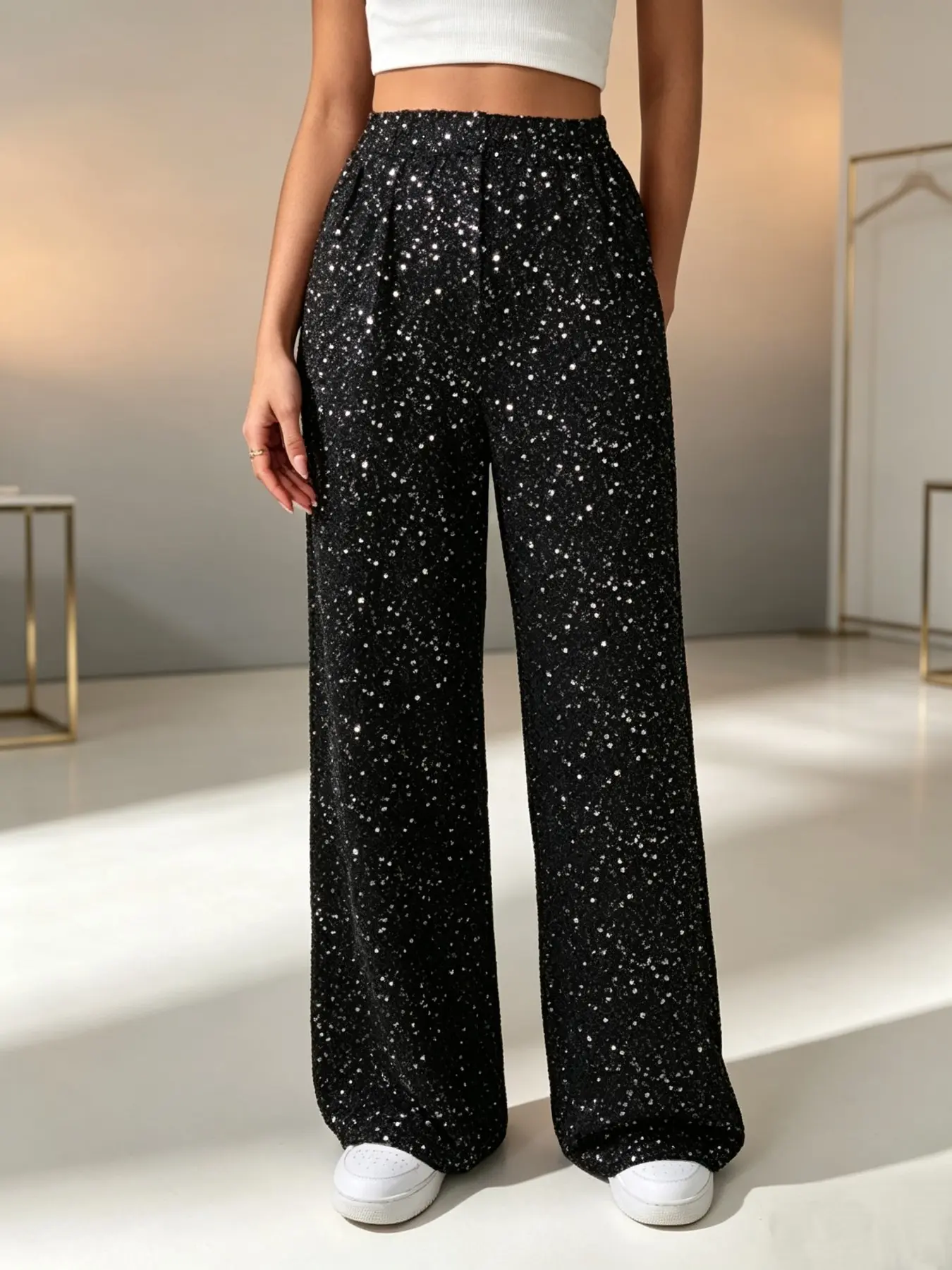 Women's Silver Color Glitter Speckle High-Waist Loose Fit Wide-Leg Trousers, High Waisted Pants, Casual Style, Soft Fabric, Ideal for Nightclubs & Summers