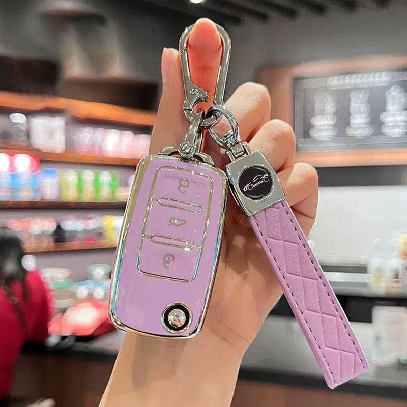 TPU Car Key Case with Keychain, Fashionable Car Key Protector for VW Volkswagen Polo Golf Passat Tiguan Beetle Caddy T5 Up Eos For Skoda Octavia Seat Leon Altea，Women Gift, Car Key Accessory