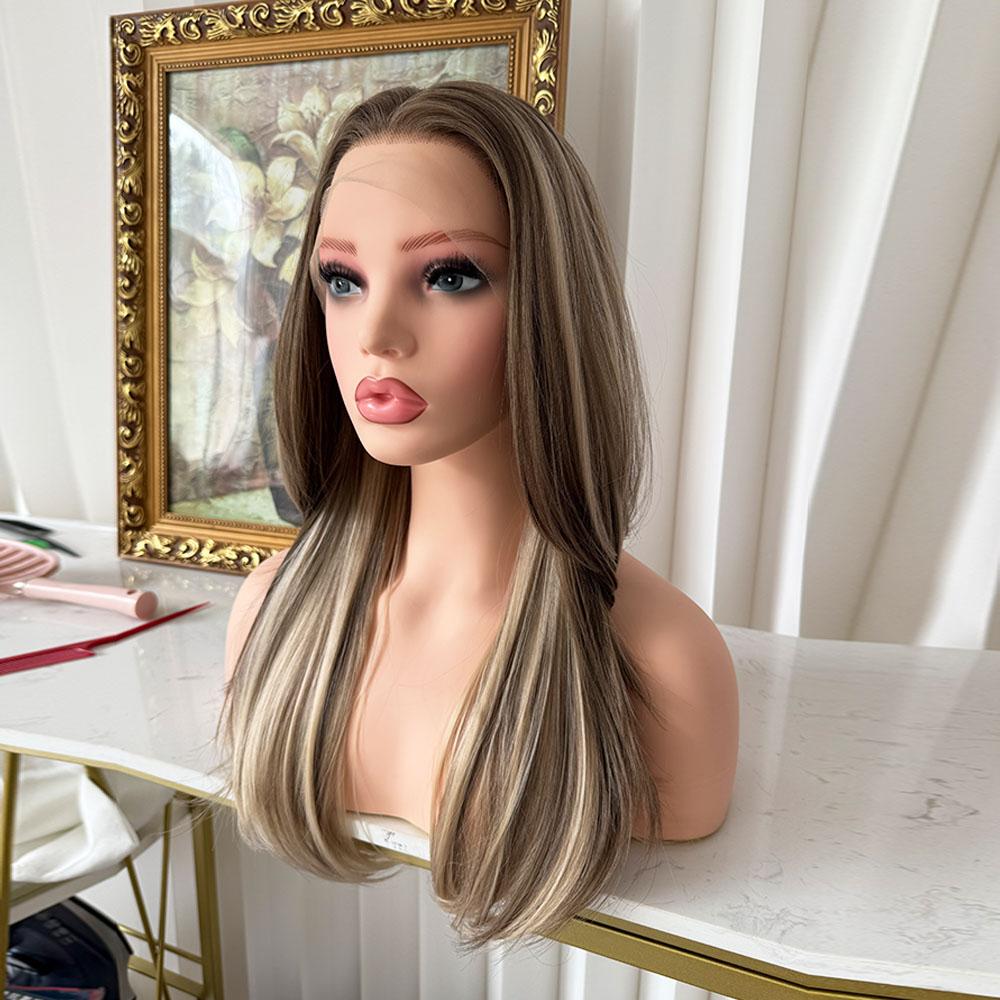 Lovestory Penelope Hair Blonde Highlight Synthetic Lace Front Wigs Heat Resistant 20Inch Pre Cut Pre Layered Lace Front Wigs for Women Natural Hairline