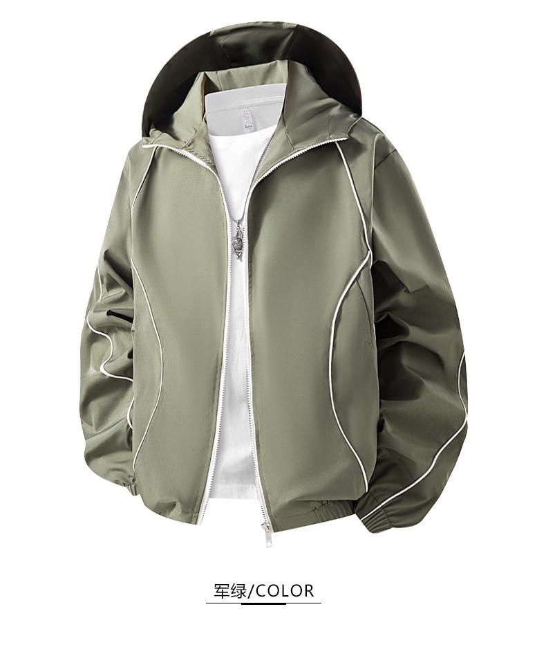Fashion Men Lightweight Hooded Windbreaker Jacket, Stylish Contrast Curved Piping Design, Relaxed Loose Fit, Minimalist All-Match Windproof Outer Coat Perfect For Spring Autumn Street Looks