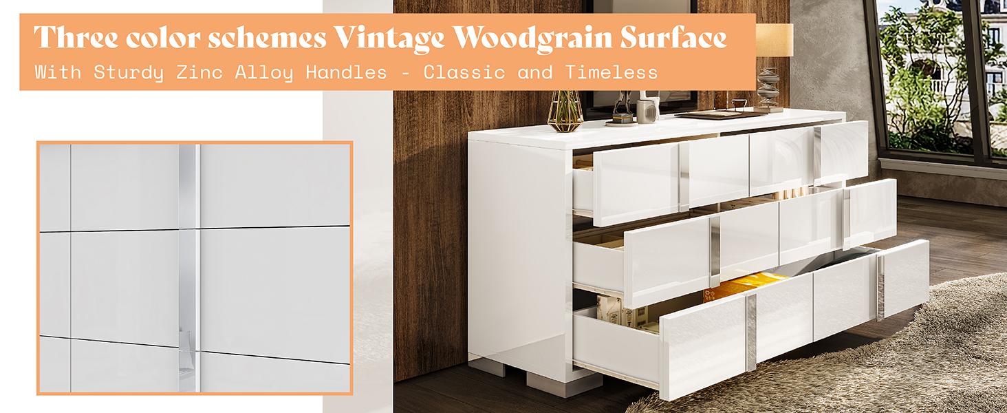 VanAcc Minimal High Gloss 5/6 Drawers Dressers with Silver Grooved Handles, Aesthetic Design, Modern Storage Chest of Drawers with Wide Tabletop, Storage Cabinet for Bedroom, Dressing Room, Living Room