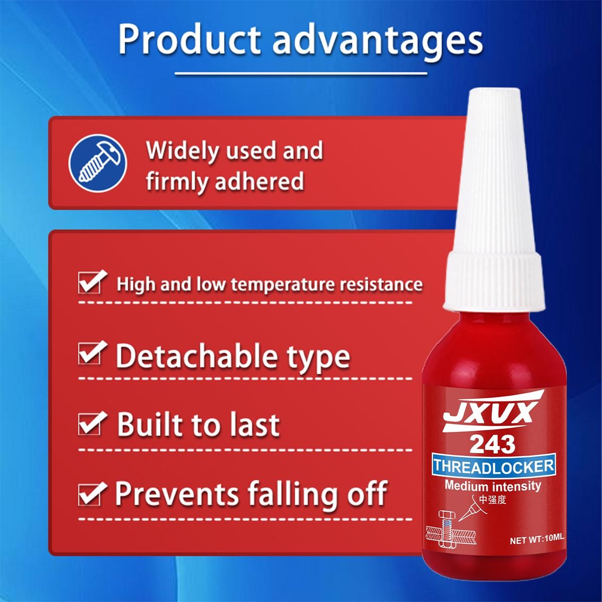 243 Threadlocker. Thread locking adhesive. High‑strength anaerobic glue. Heat‑resistant. Special adhesive for anti‑loosening and fastening. Prevents automobile wheel hub bolts from loosening.