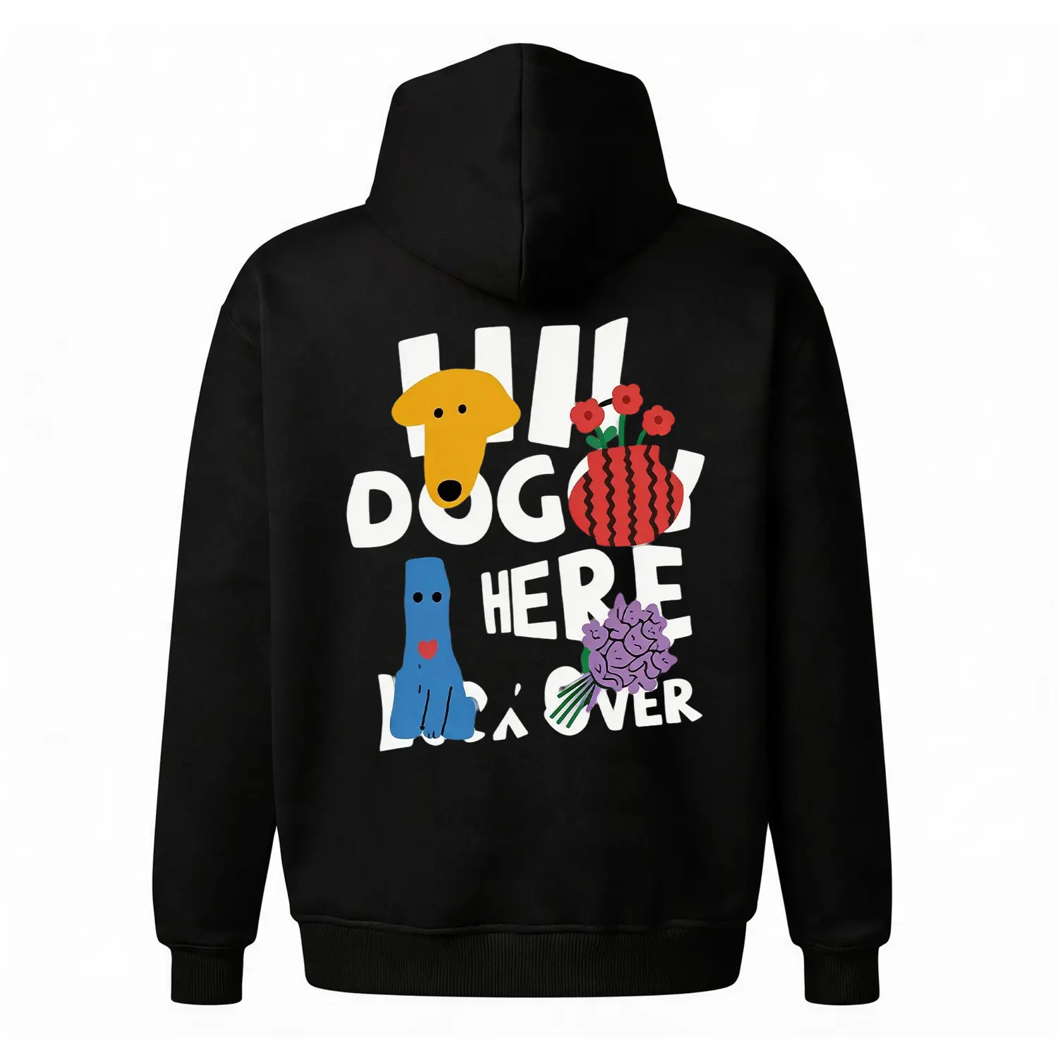 Colorful Pop Art Dog Graphic Hoodie |   Fun Doodle Letter Back Print |   Oversized Charcoal Unisex Fleece Sweatshirt |   Trendy Y2K Kidcore Style ? ?