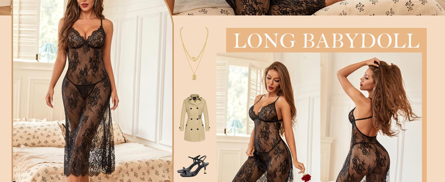Avidlove Women Lingerie Floral Lace Halter Lingerie Dress With Thong Nightdress Nightgown for Women