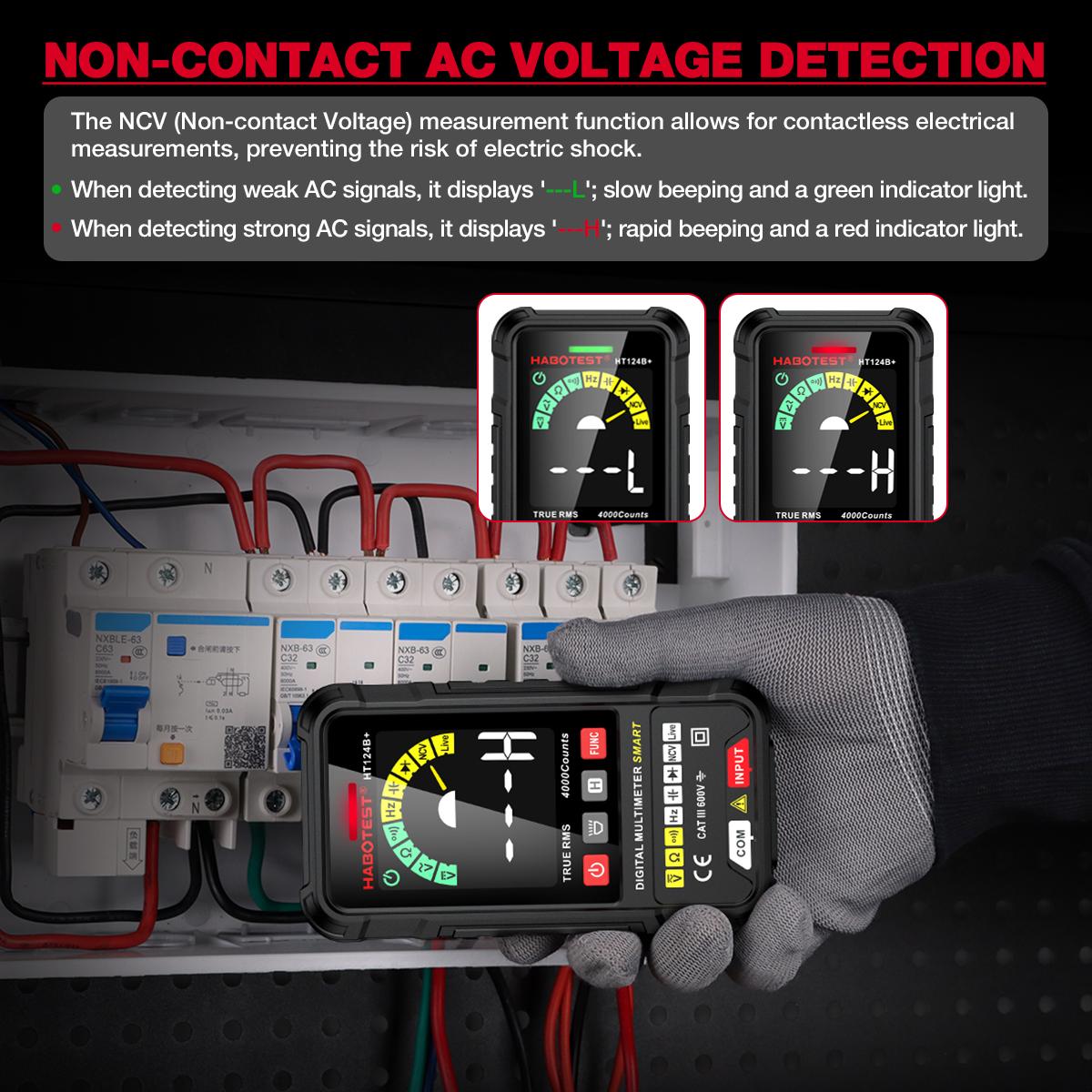 HABOTEST HT124B+ Smart Digital Multimeter 2.5-inch Color LCD Screen 600V AC/DC Voltmeter 4000 Counts True RMS Auto Ranging Voltage Meter NCV Live Wire Tester Resistance Capacitance Frequency Hz