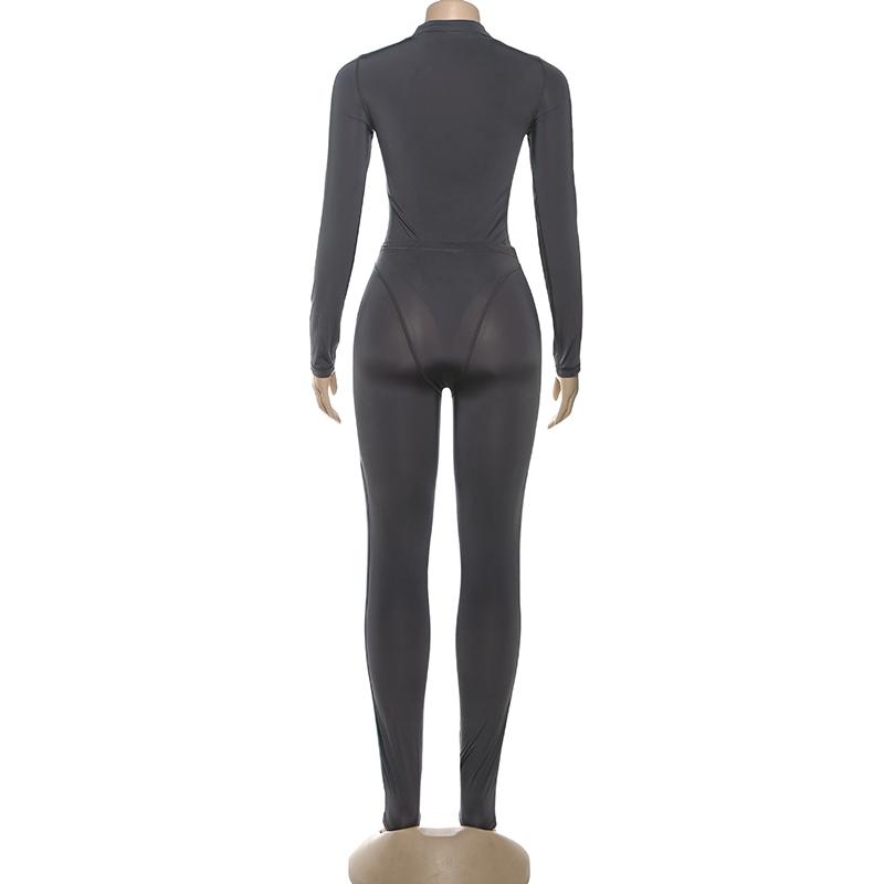 DOUCIU Basic Solid Color Simple Sporty Casual Versatile Tight-Fitting Sexy Hot Women'S Thin See-Through Long-Sleeved Jumpsuit And Pants Two-Piece Set