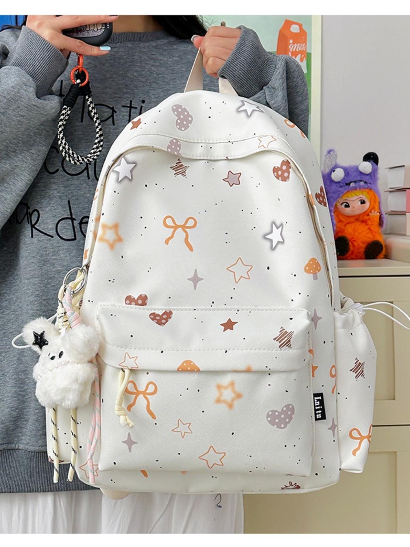 Cute Star Heart Print Backpack for Women, Fresh Casual Large Capacity Student Bag, Lightweight Nylon Travel Backpack