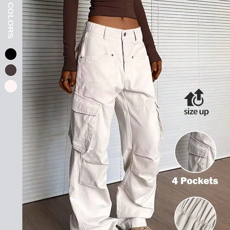 Women's Elegant Basic Solid Color Woven Fabric Elastic Waist Cargo Pants, Mid-Waist Straight-Leg Loose Fit Multi-Pocket Design Casual Style Bottoms, All-Season Comfortable Casual Wear, Casual Fashion Trousers